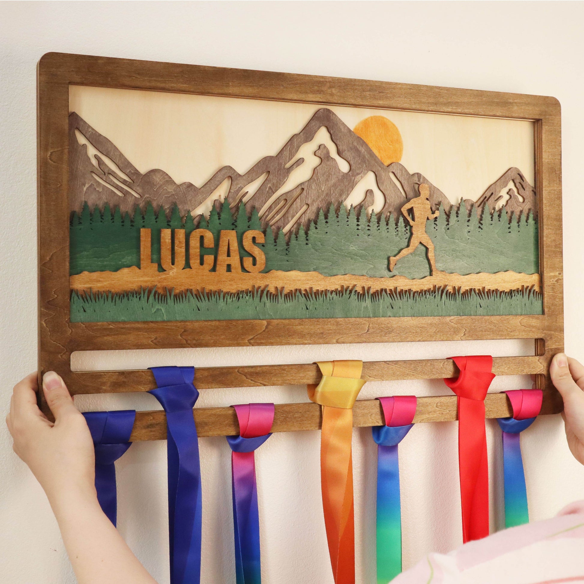 Custom Runner Medal hanger β Wooden Mountain Forest Medal Holder with Name , ChampionHanger running gifts - Champion Hanger