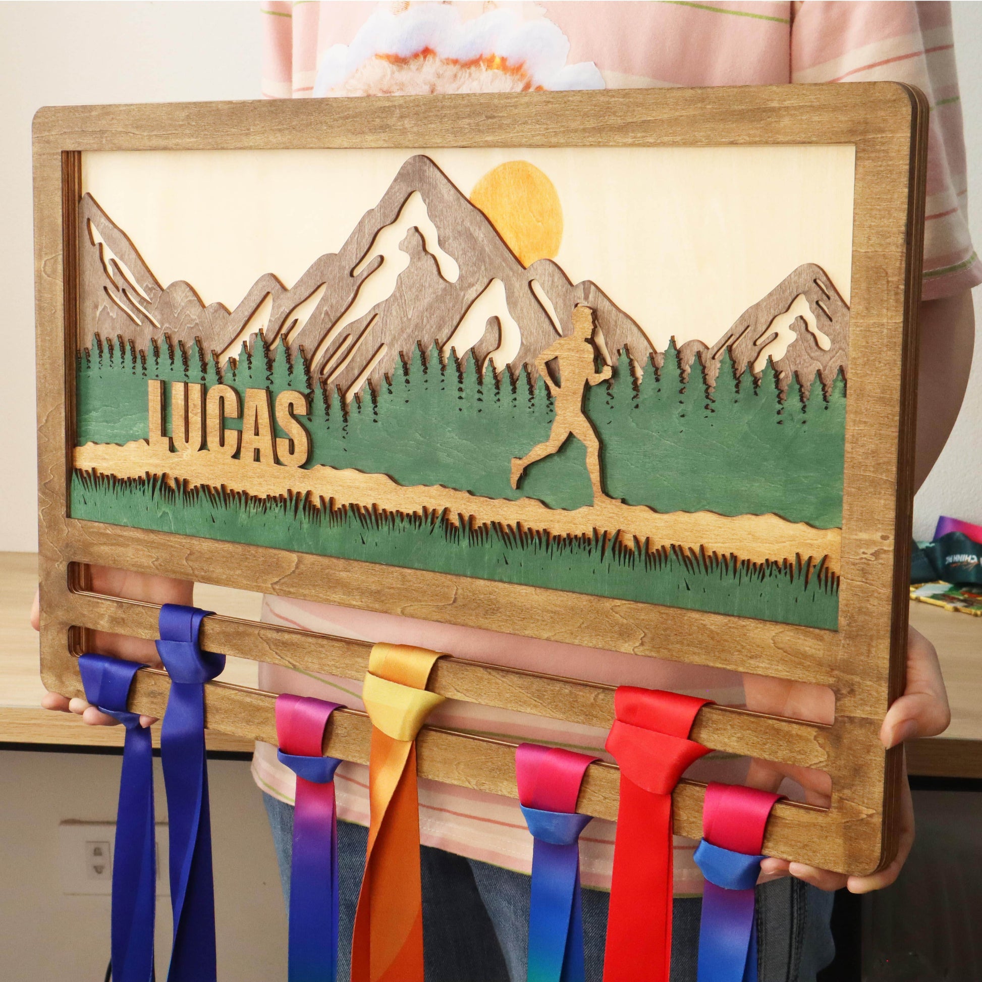Custom Runner Medal hanger β Wooden Mountain Forest Medal Holder with Name , ChampionHanger running gifts - Champion Hanger