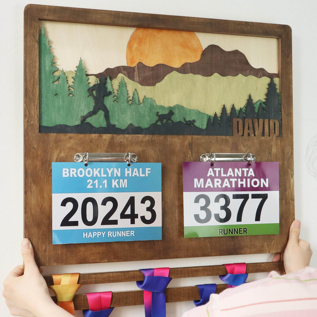 Personalized Race Bib and Medal Holder – Wooden Medal Holder with Name , ChampionHanger running gifts - Champion Hanger