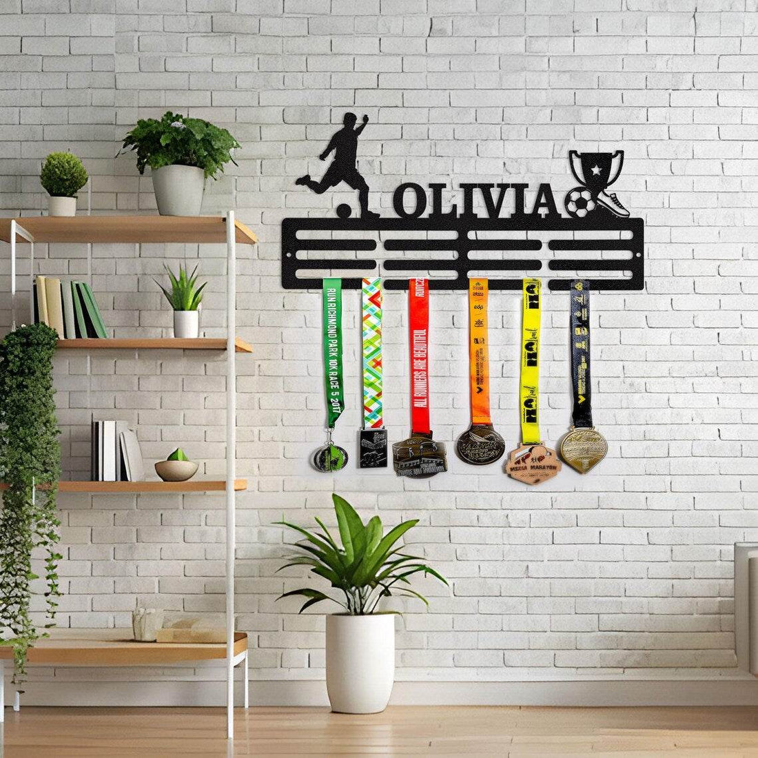 Soccer Medal Display with Custom Name, Personalized Rack for Football Medals, Ribbons & Awards - Champion Hanger