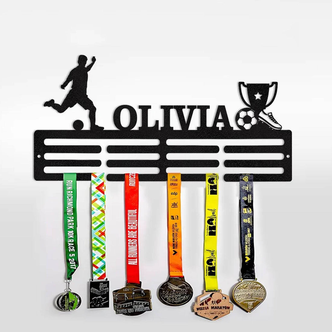 Soccer Medal Display with Custom Name, Personalized Rack for Football Medals, Ribbons & Awards - Champion Hanger