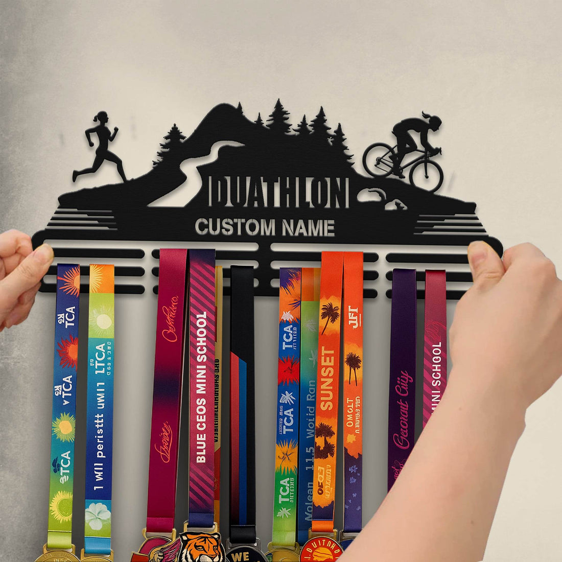 Duathlon Medal Hanger – Personalized Metal Medal Holder – Stainless Steel Display Rack for Running & Cycling Awards - Champion Hanger