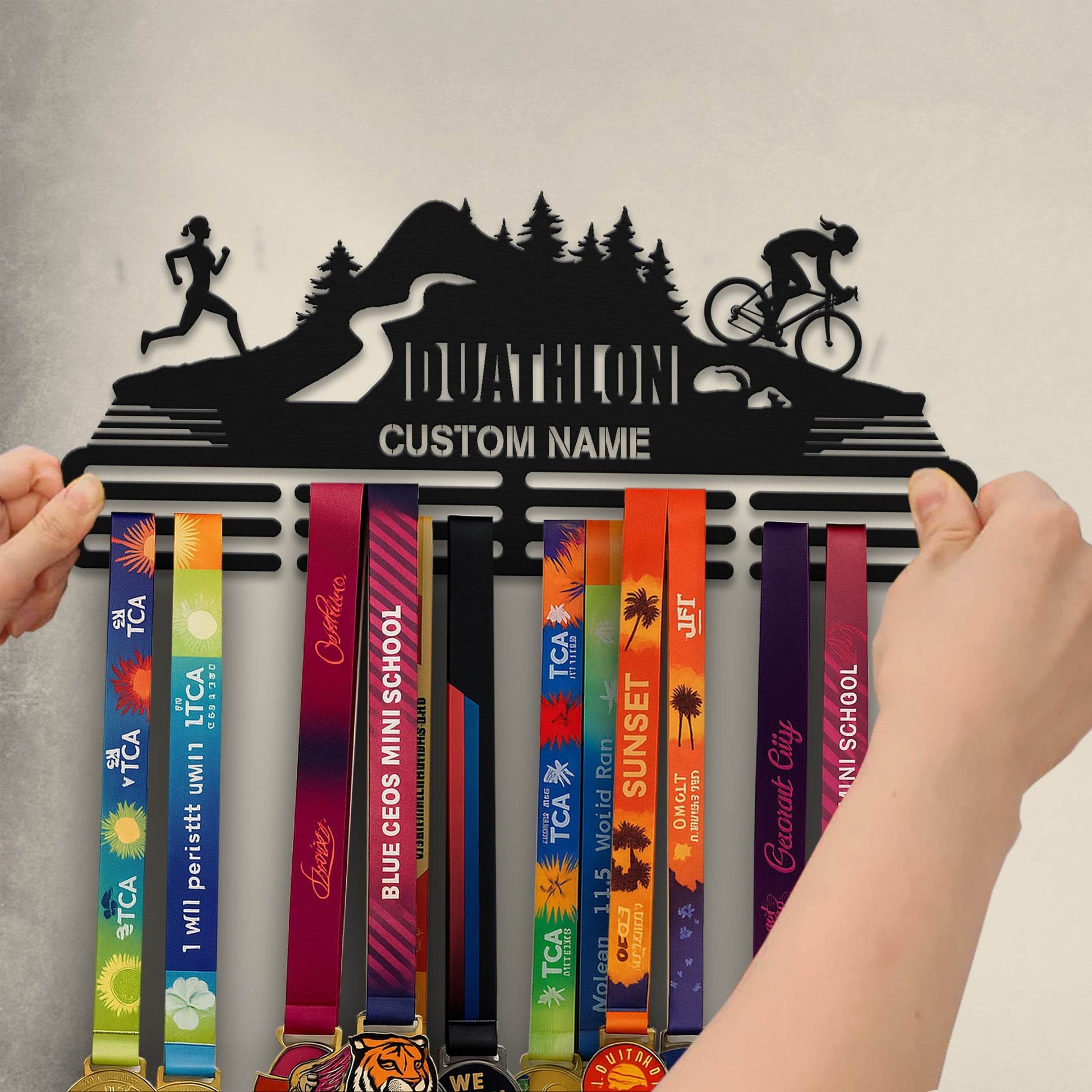 Duathlon Medal Hanger – Personalized Metal Medal Holder – Stainless Steel Display Rack for Running & Cycling Awards - Champion Hanger