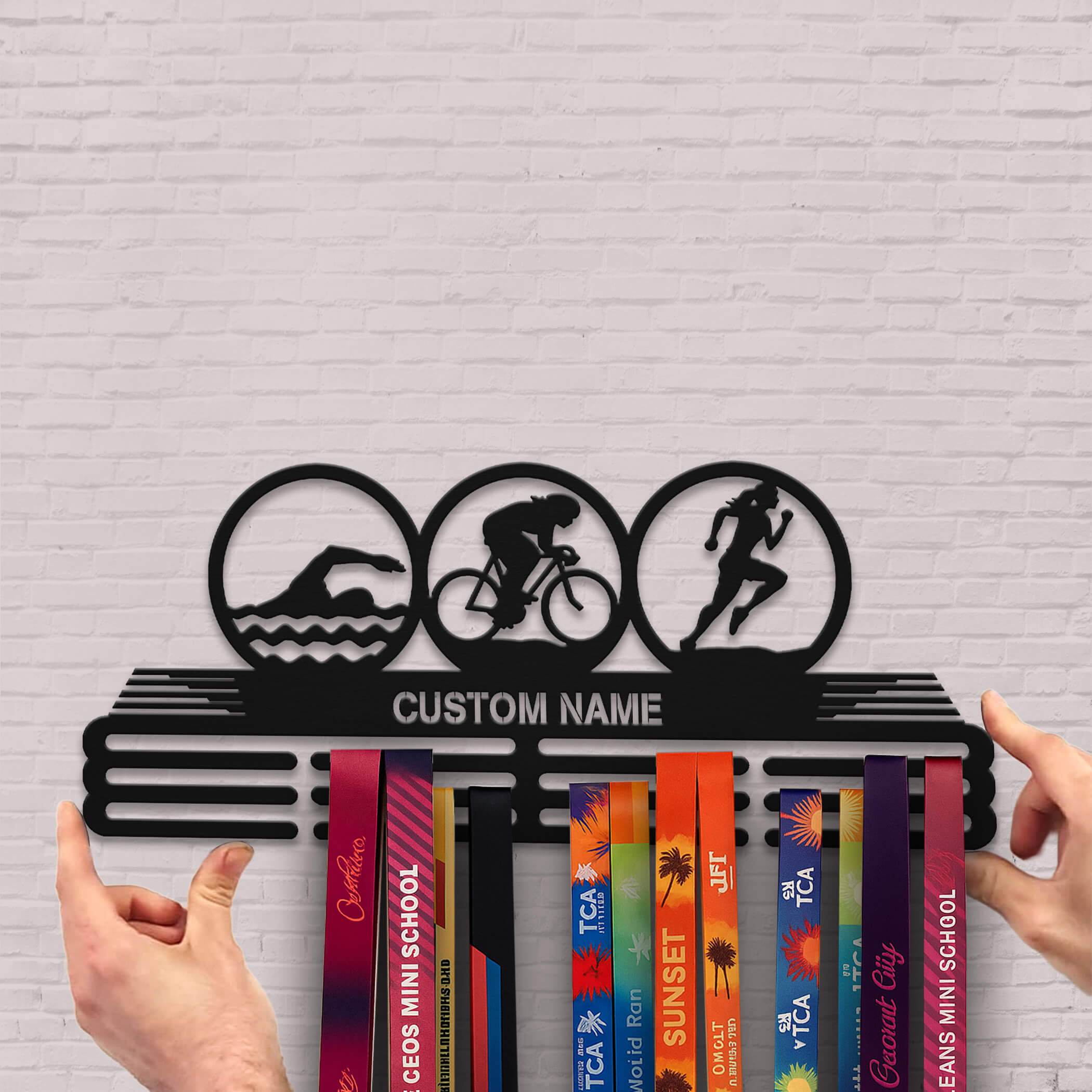 Triathlon Medal Hanger – Personalized Metal Medal Holder – Stainless Steel Wall Display Rack for Triathlon Awards - Champion Hanger