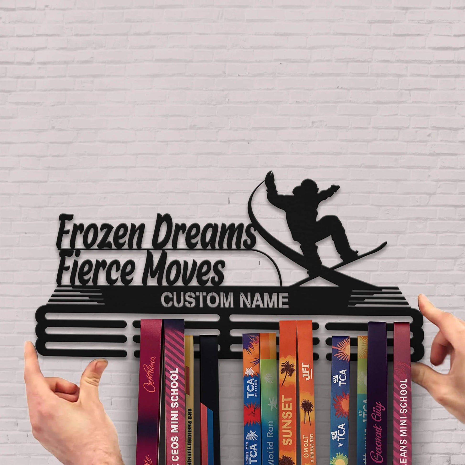 Personalized Snowboard Medal Hanger – Stainless Steel Display with “Frozen Dreams Fierce Moves” Quote | Custom Name Gift | ChampionHanger - Champion Hanger