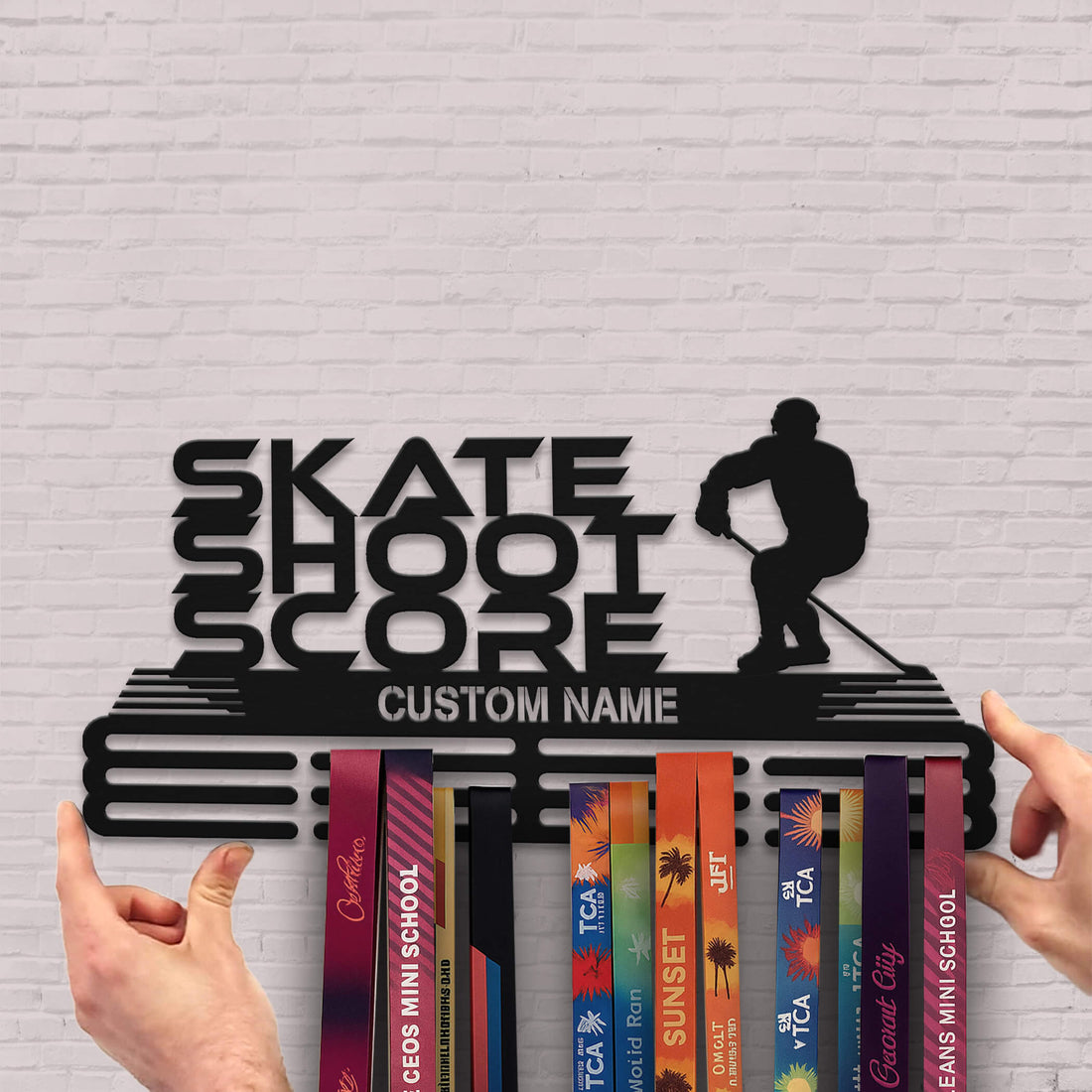 Stainless Steel Ice Hockey Medal Hanger “Skate Shoot Score” – Personalized Medal Display | ChampionHanger