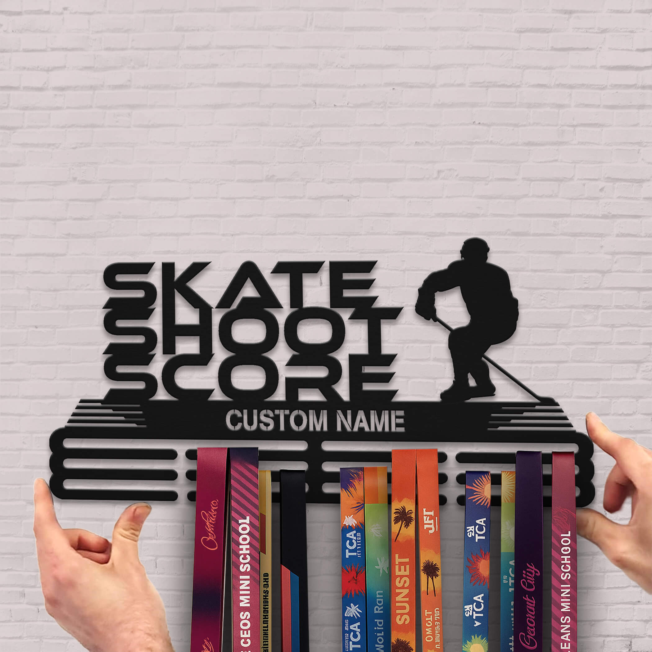 Stainless Steel Ice Hockey Medal Hanger “Skate Shoot Score” – Personalized Medal Display | ChampionHanger
