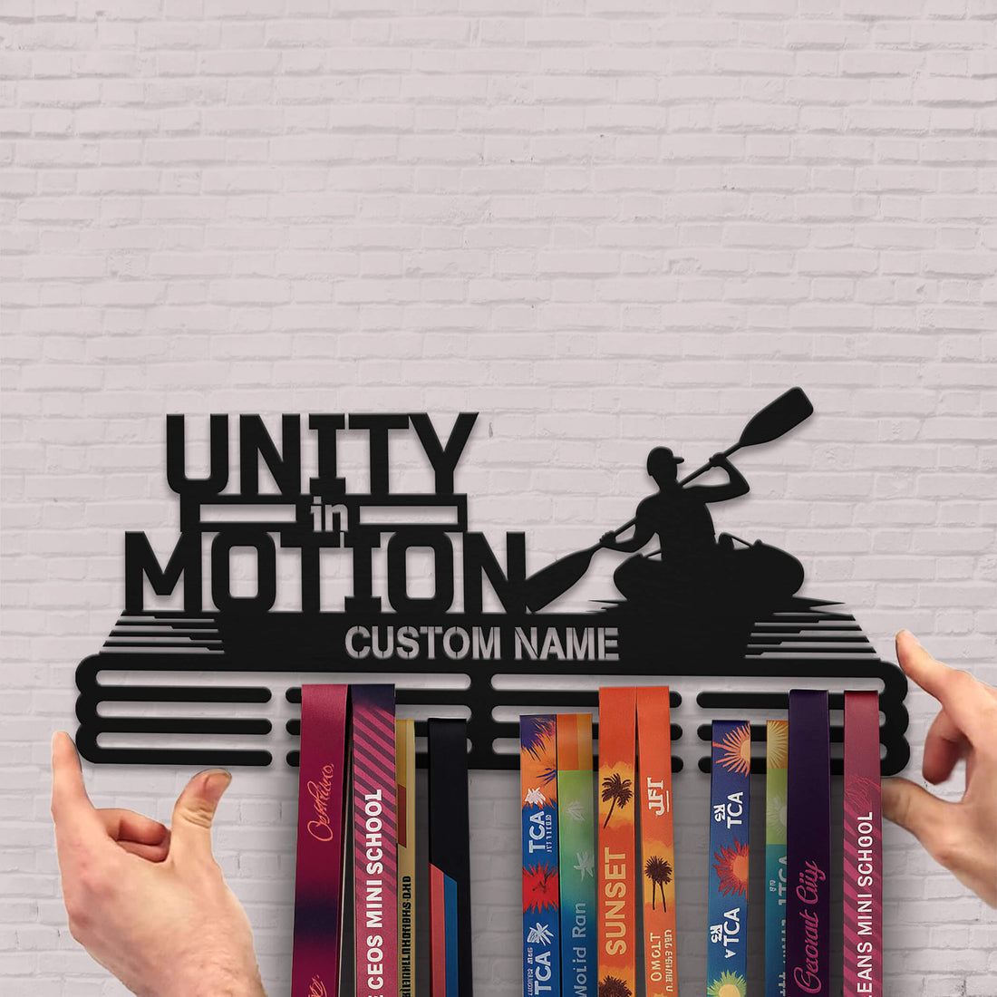 Personalized Kayak Medal Hanger with Quote "Unity in Motion" | Stainless Steel Medal Display | ChampionHanger
