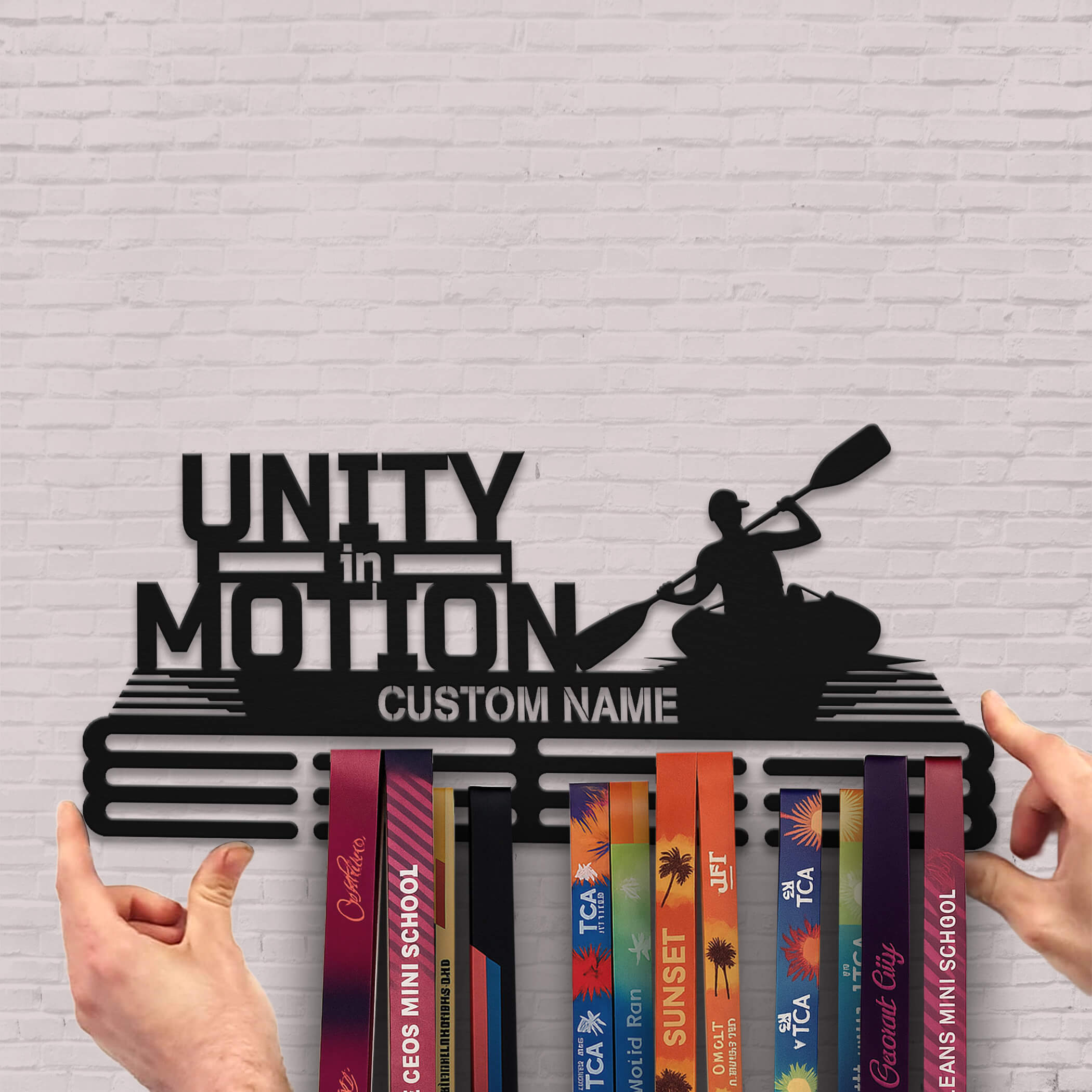 Personalized Kayak Medal Hanger with Quote "Unity in Motion" | Stainless Steel Medal Display | ChampionHanger