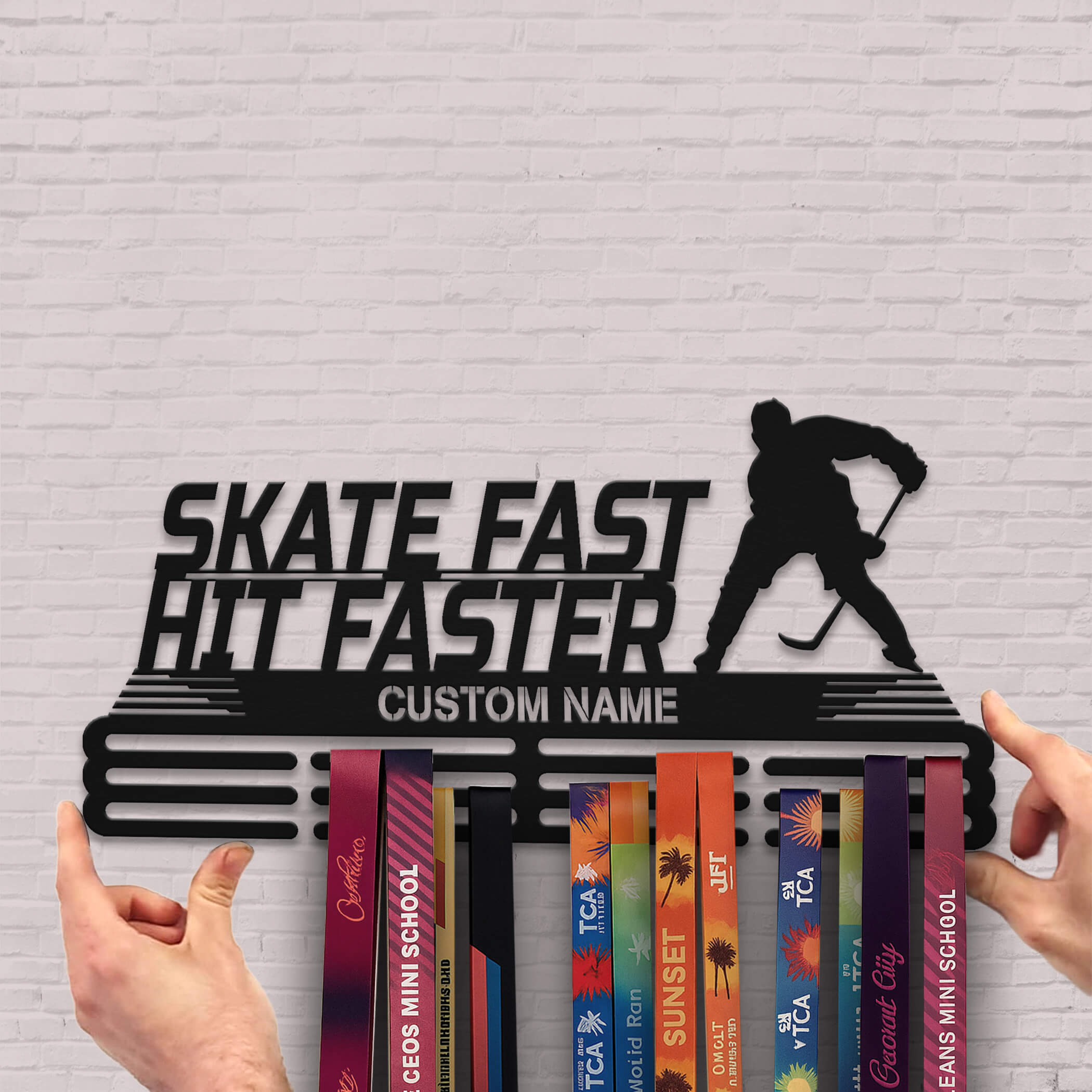 Personalized Stainless Steel Ice Hockey Medal Hanger – “Skate Fast, Hit Faster” Custom Name | Championhanger