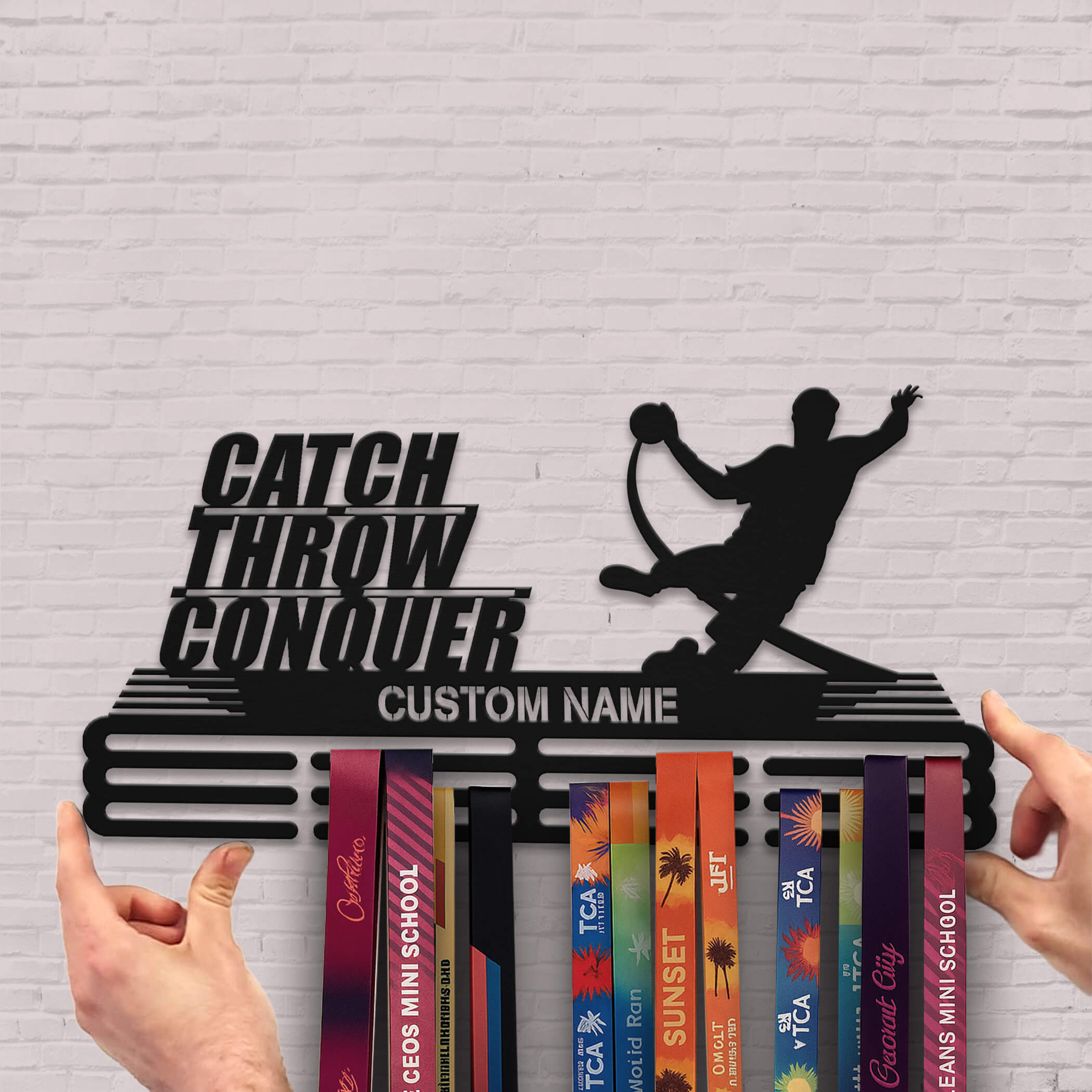 Personalized Handball Medal Hanger – Stainless Steel Medal Holder with Custom Name & “Catch Throw Conquer” Quote | ChampionHanger
