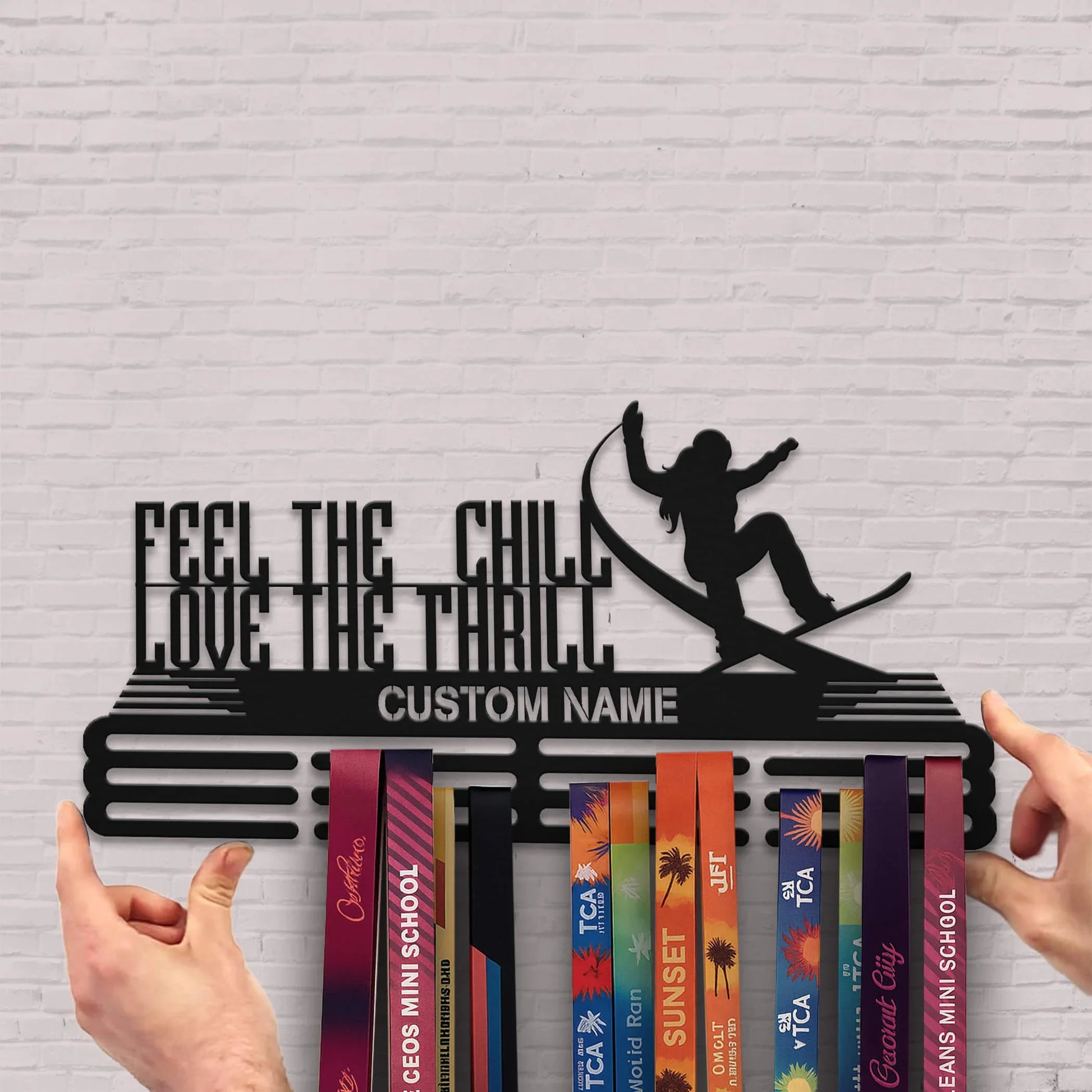 Stainless Steel Snowboarding Medal Hanger – “Feel The Chill, Love The Thrill” | Personalized Snowboard Medal Holder | ChampionHanger - Champion Hanger