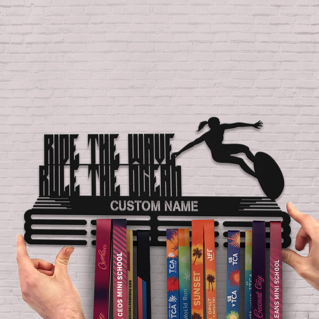 Personalized Surfing Medal Hanger – Stainless Steel Medal Display with Quote “Ride the Wave, Rule the Ocean” | ChampionHanger