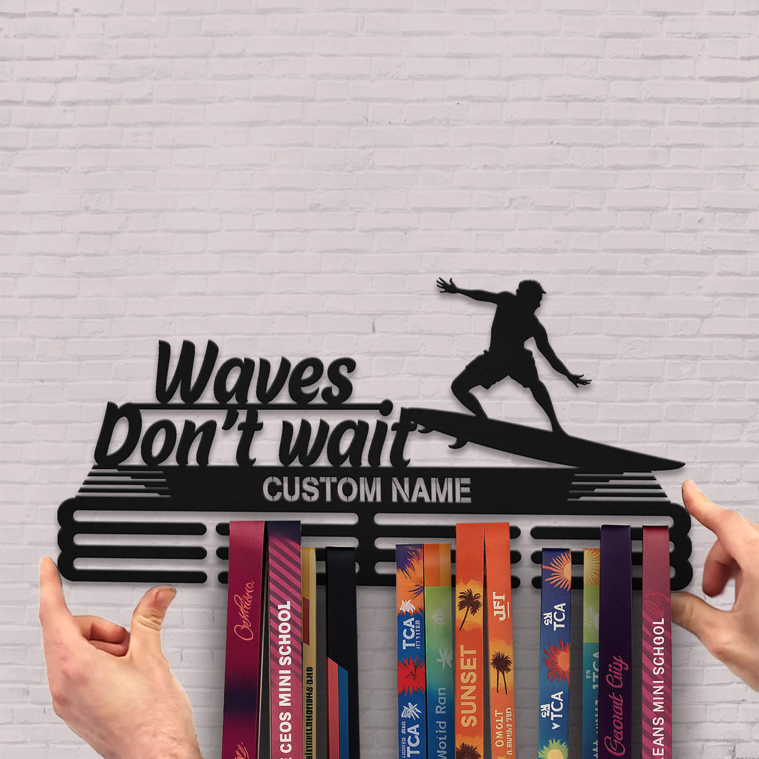 Personalized Surfing Medal Hanger – Stainless Steel Medal Holder with “Waves Don’t Wait” Quote | ChampionHanger