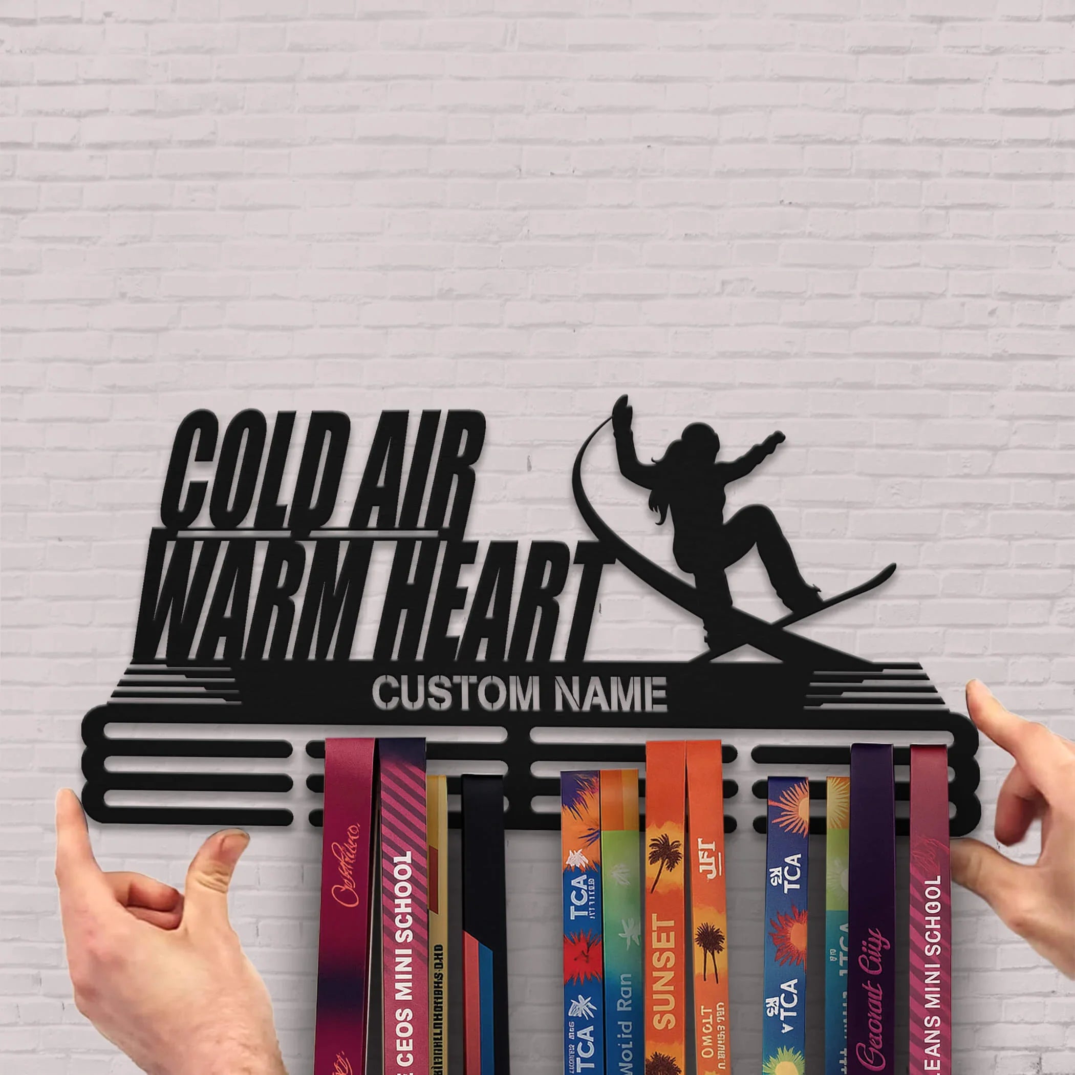 Personalized Snowboard Medal Hanger – Stainless Steel Display Rack with “Cold Air, Warm Heart” Quote | Custom Name Gift for Snowboarders | ChampionHanger - Champion Hanger