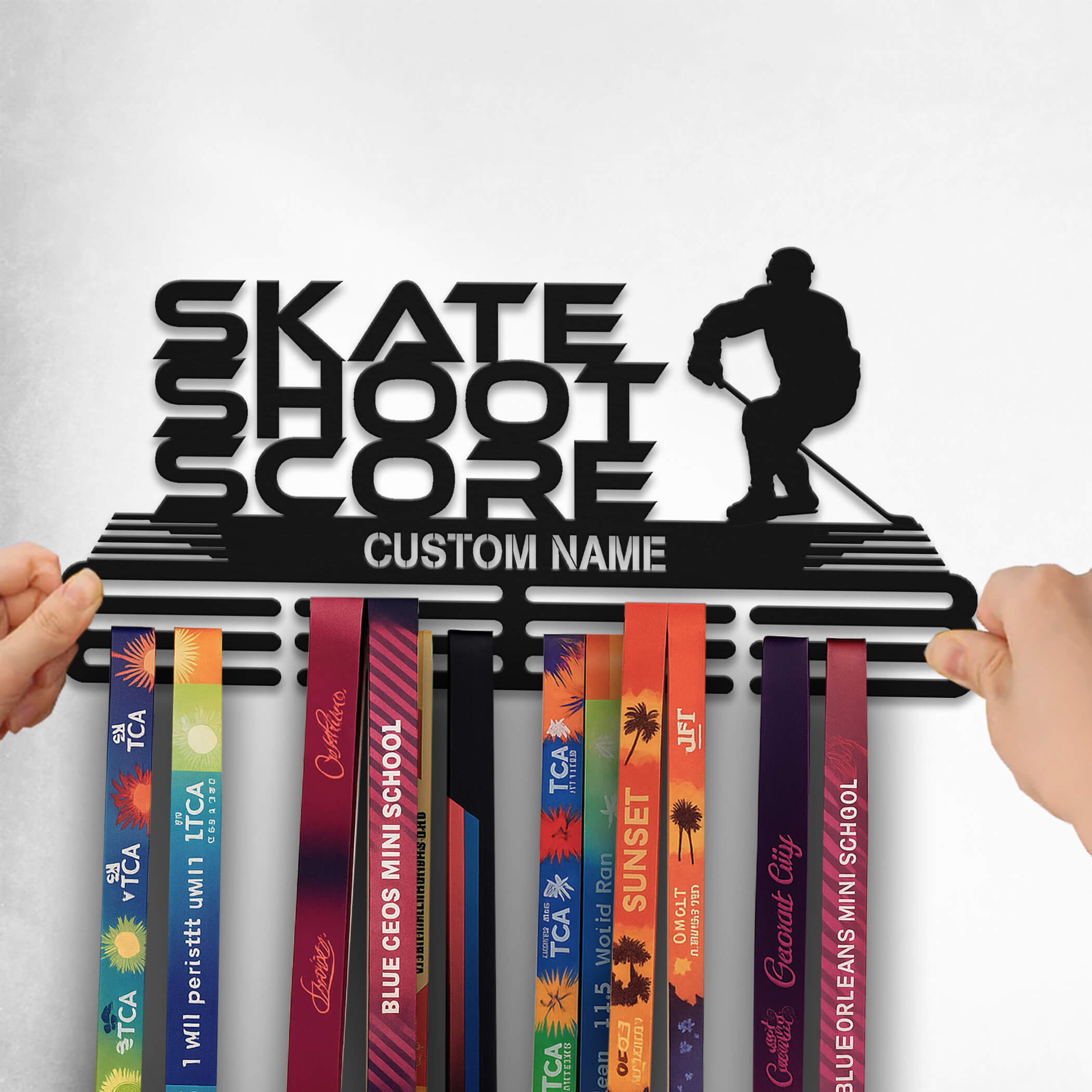 Stainless Steel Ice Hockey Medal Hanger “Skate Shoot Score” – Personalized Medal Display | ChampionHanger