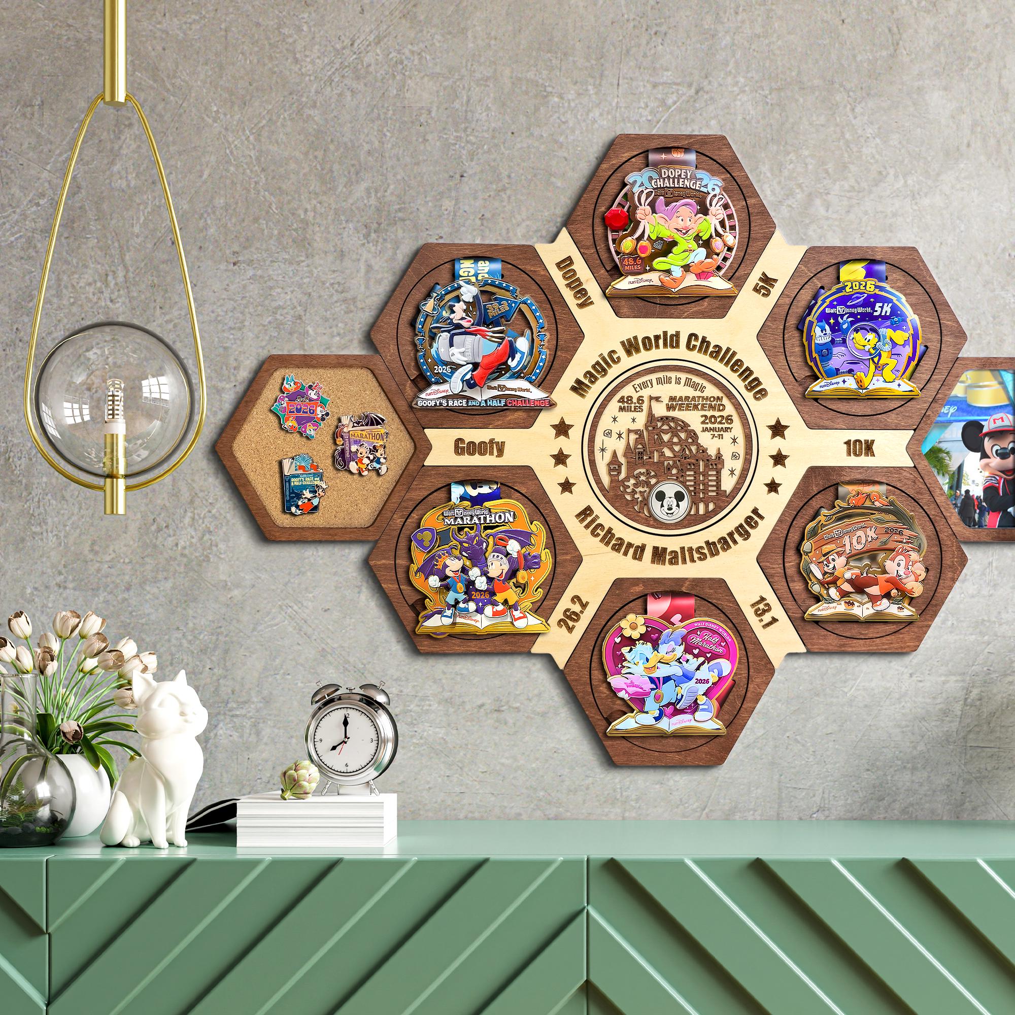 Magic World Marathon Hexagon medal hanger - Running Medal Display
