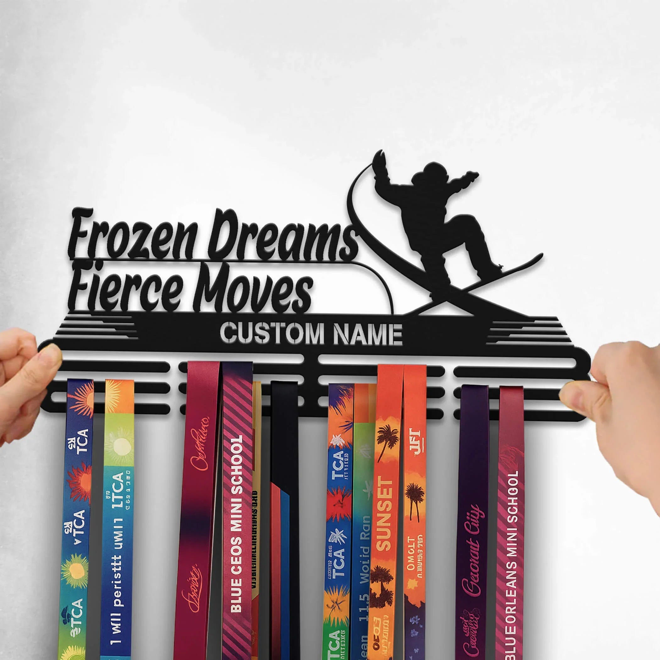 Personalized Snowboard Medal Hanger – Stainless Steel Display with “Frozen Dreams Fierce Moves” Quote | Custom Name Gift | ChampionHanger - Champion Hanger