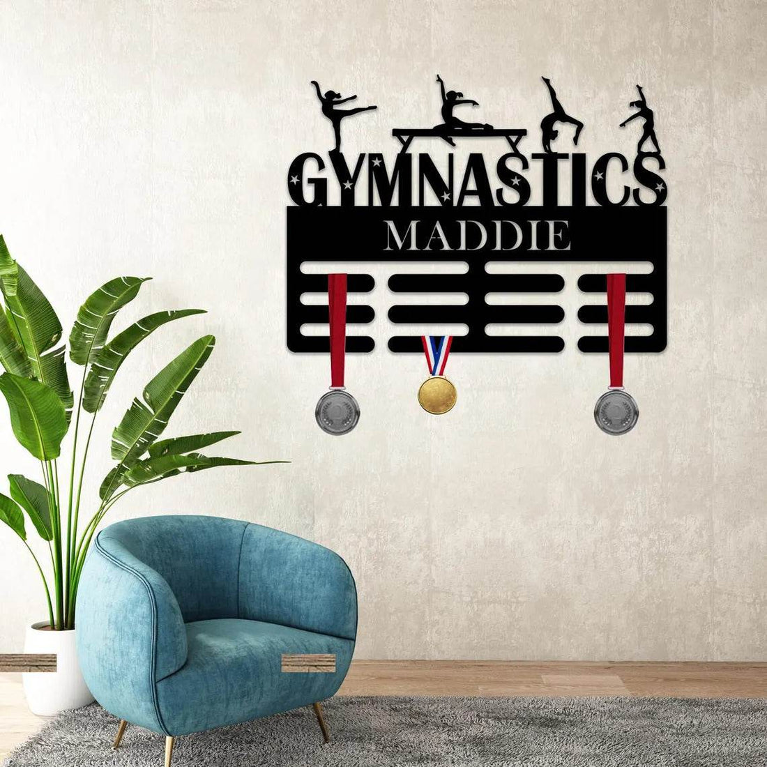 Personalized Gymnastics Medal Holder – Custom Wall Rack for Displaying Gymnast Awards and Medals - Champion Hanger