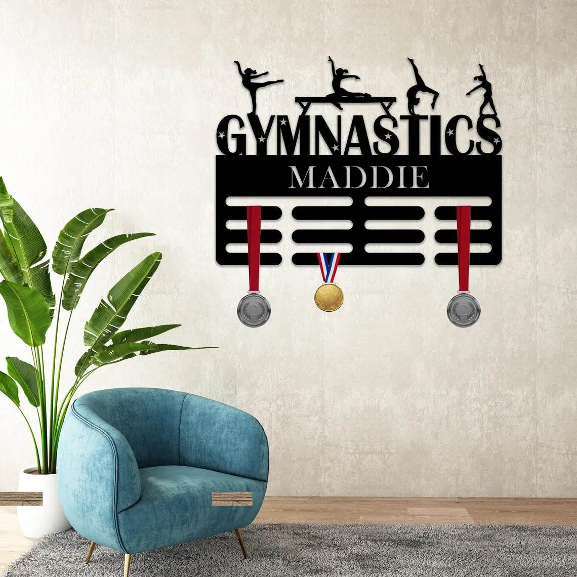 Personalized Gymnastics Medal Holder – Custom Wall Rack for Displaying Gymnast Awards and Medals - Champion Hanger