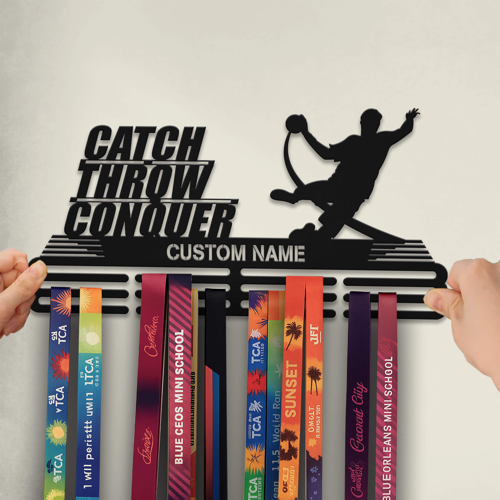 Personalized Handball Medal Hanger – Stainless Steel Medal Holder with Custom Name & “Catch Throw Conquer” Quote | ChampionHanger