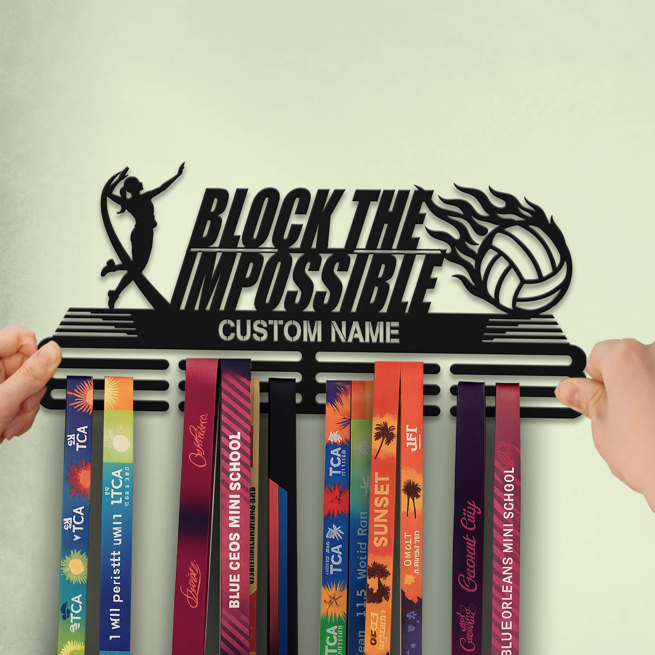 Personalized Volleyball Medal Hanger – Stainless Steel Rack with "Block the Impossible" Quote | ChampionHanger