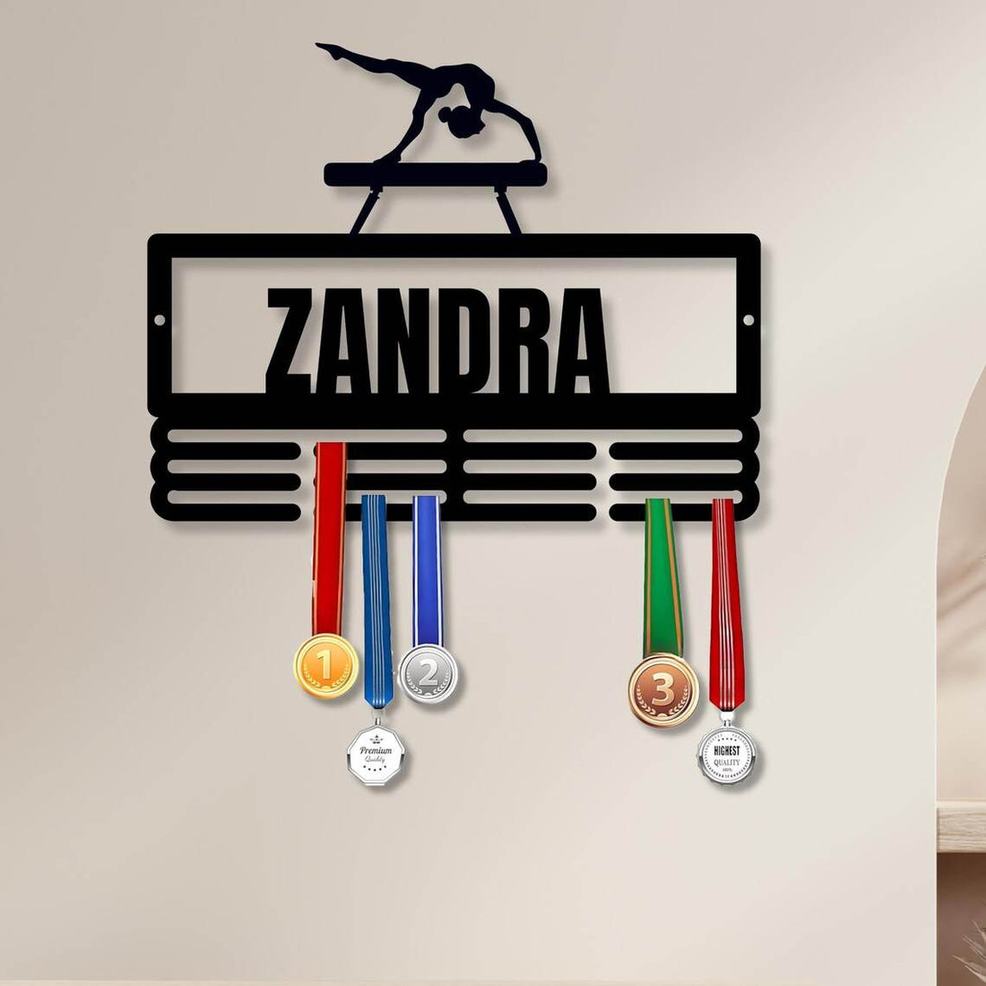 Personalized Gymnastics Medal Holder – Custom Wall Rack for Displaying Gymnast Awards and Medals - Champion Hanger