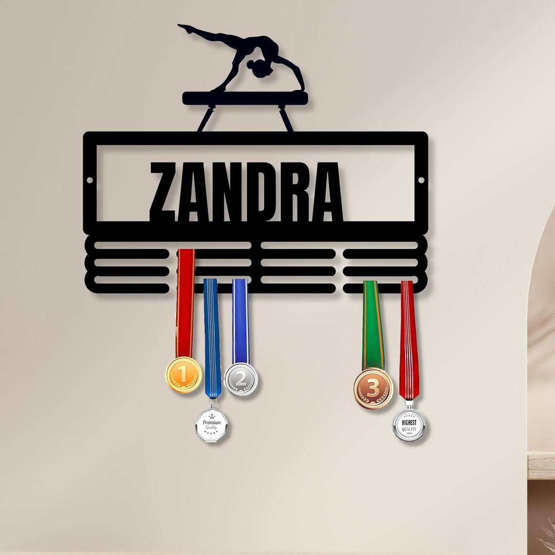 Personalized Gymnastics Medal Holder – Custom Wall Rack for Displaying Gymnast Awards and Medals - Champion Hanger