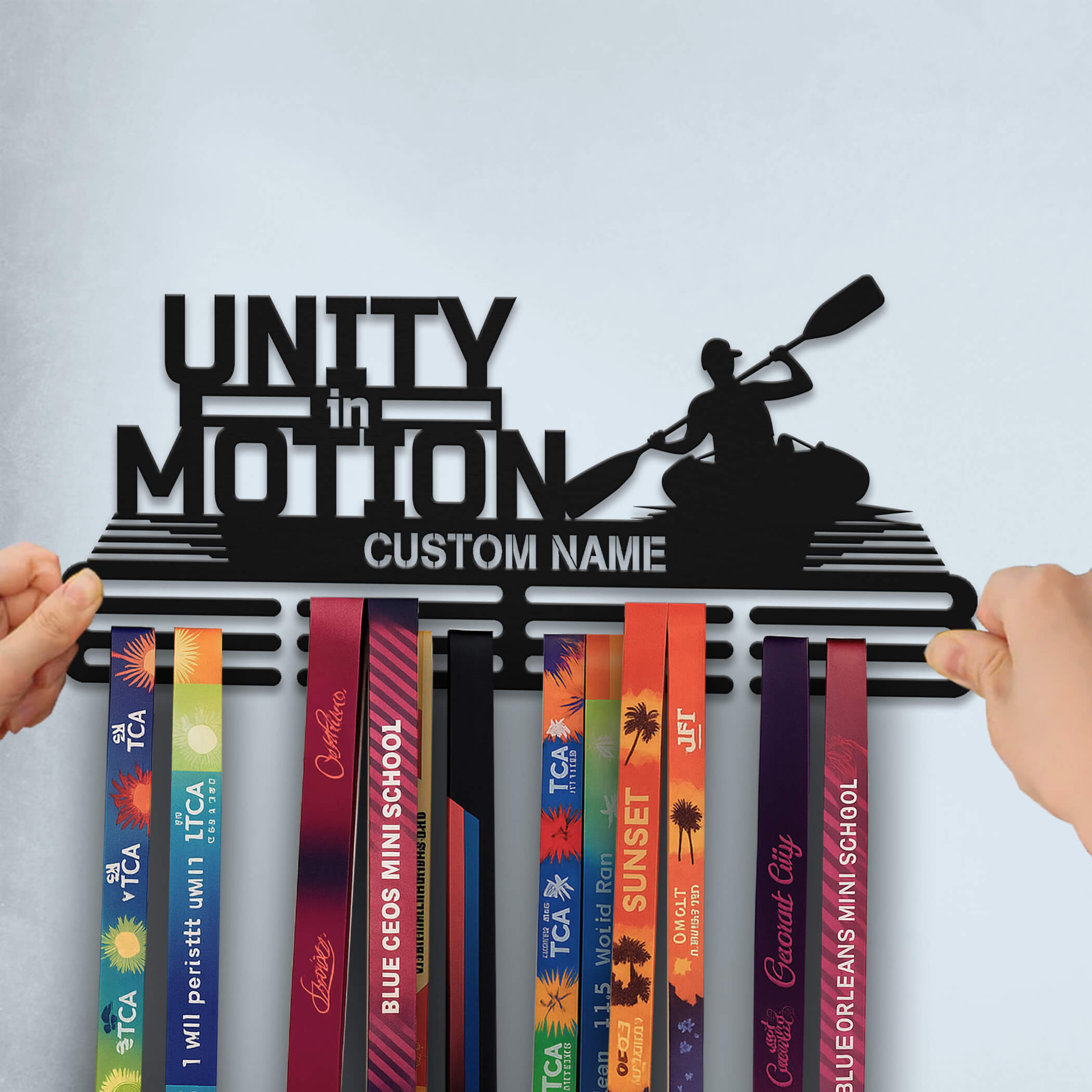 Personalized Kayak Medal Hanger with Quote "Unity in Motion" | Stainless Steel Medal Display | ChampionHanger