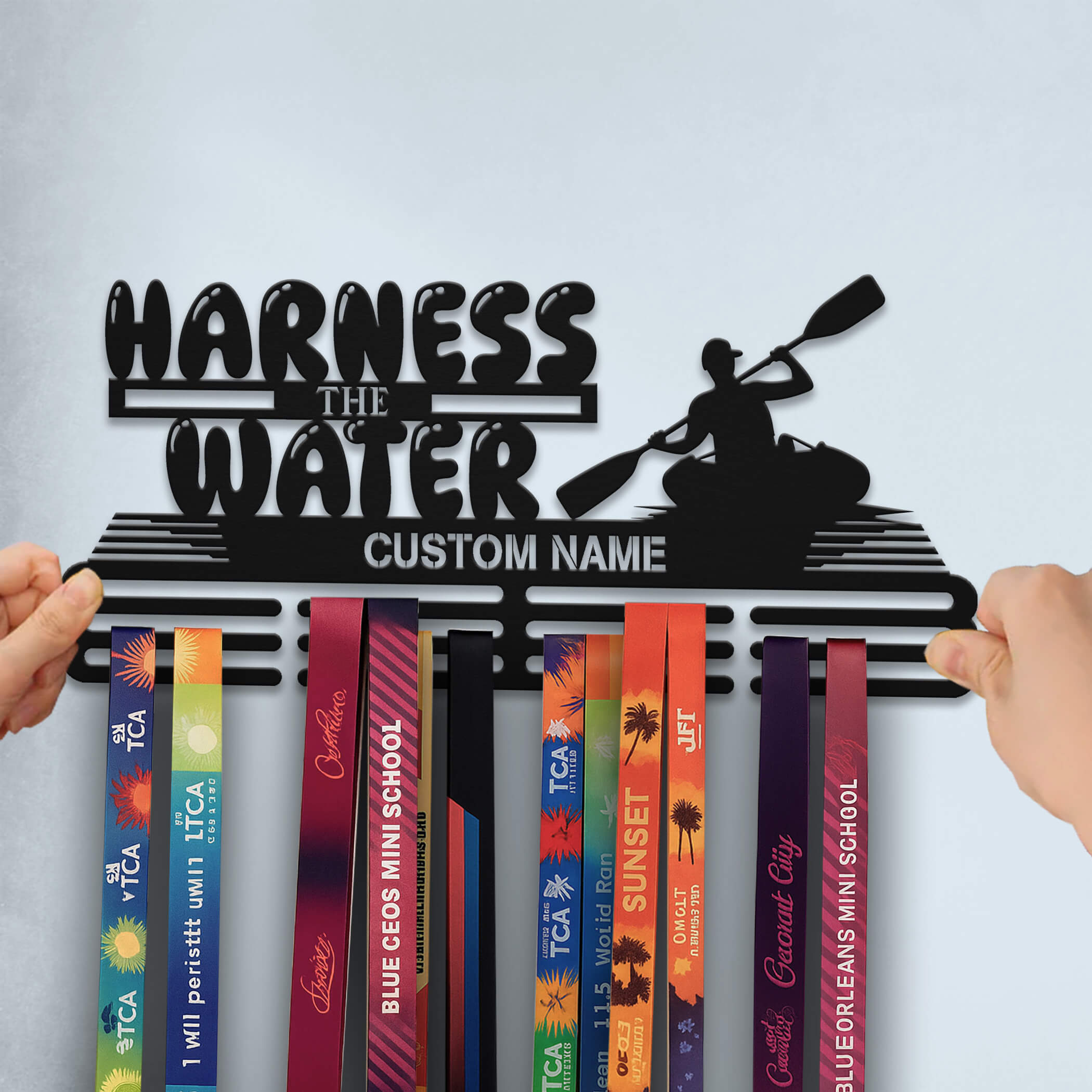 Personalized Kayak Medal Hanger – Stainless Steel Medal Holder with “Harness the Water” Quote | ChampionHanger
