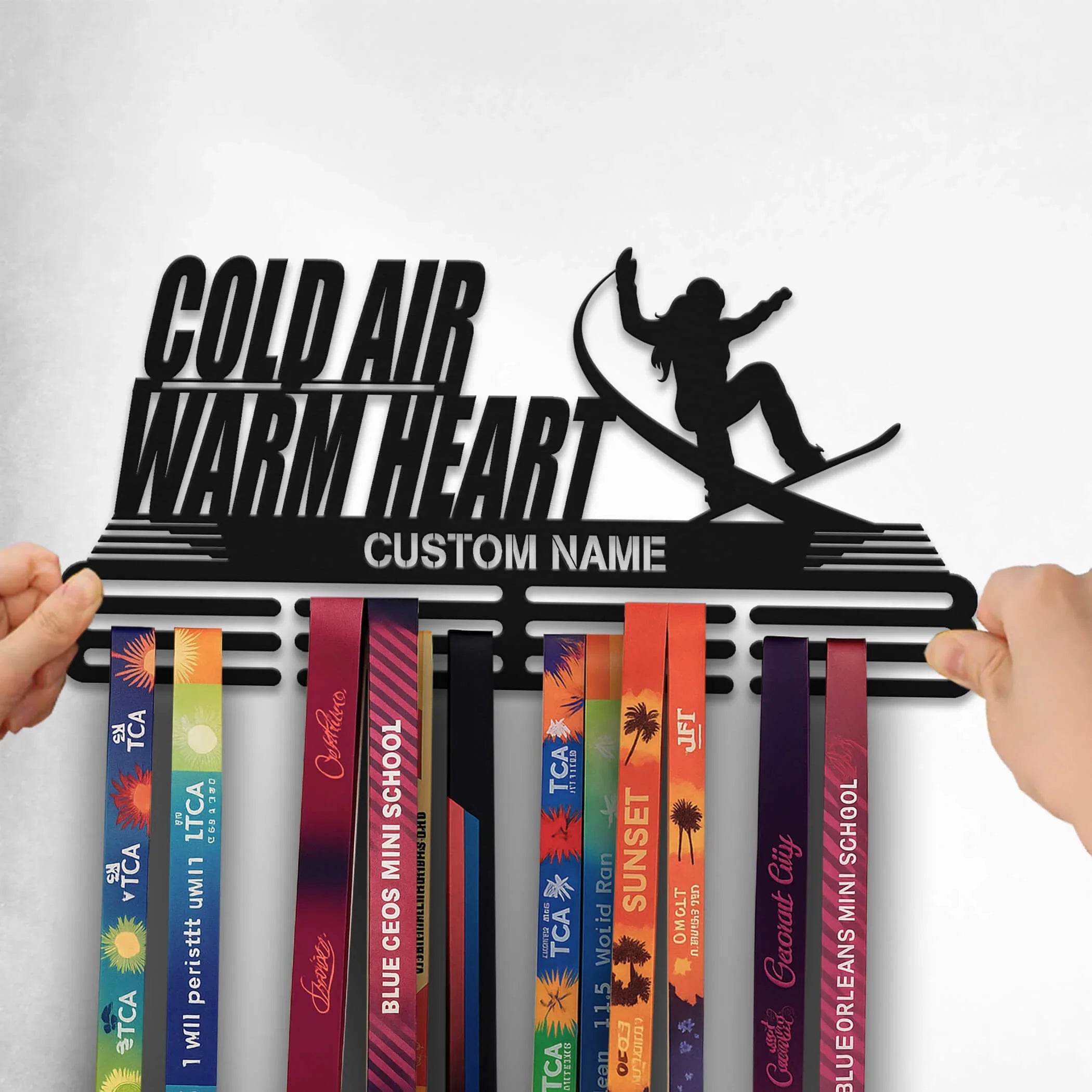 Personalized Snowboard Medal Hanger – Stainless Steel Display Rack with “Cold Air, Warm Heart” Quote | Custom Name Gift for Snowboarders | ChampionHanger - Champion Hanger