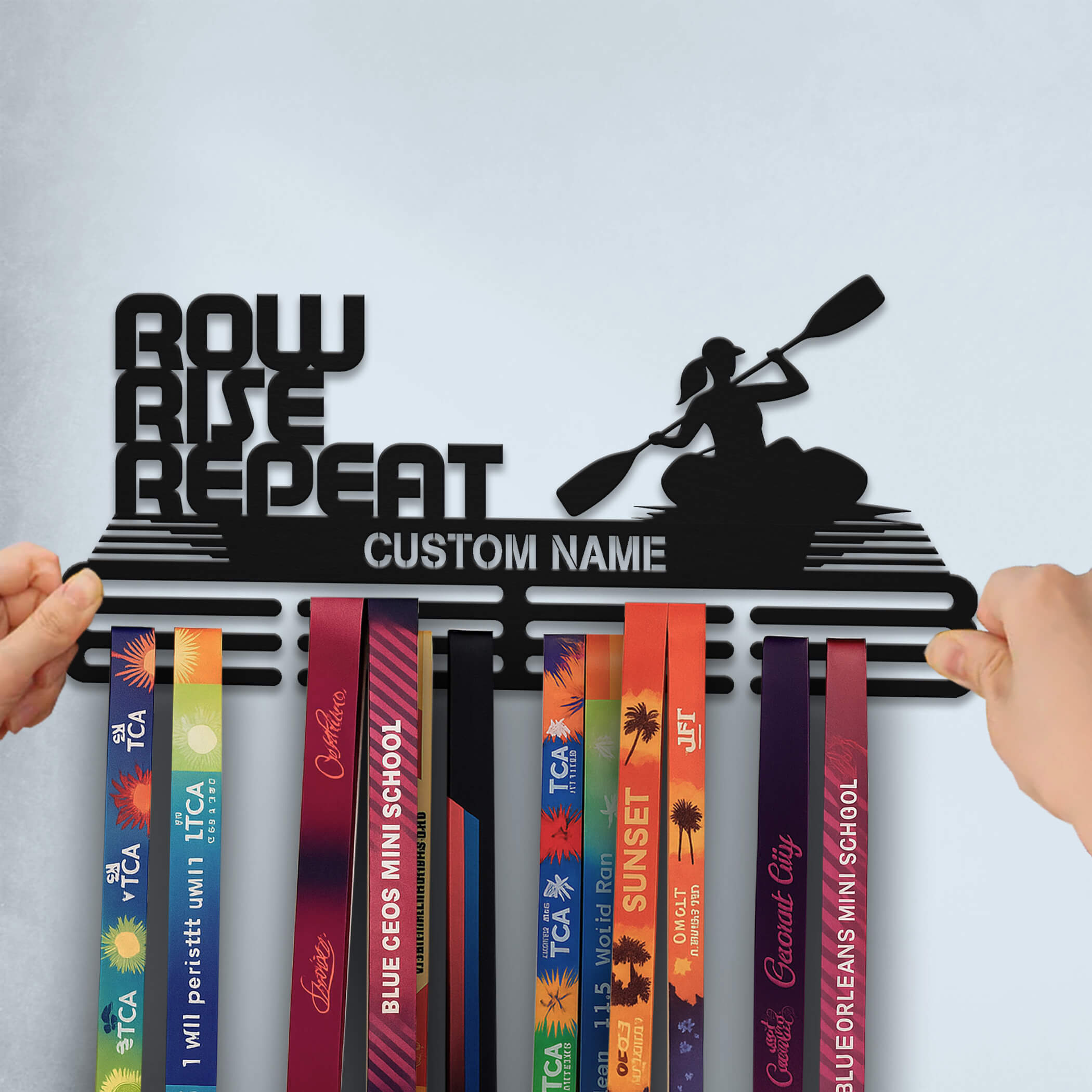 Personalized Kayak Medal Hanger – Stainless Steel Medal Holder with “Row Rise Repeat” Quote | Gifts for Kayakers | ChampionHanger