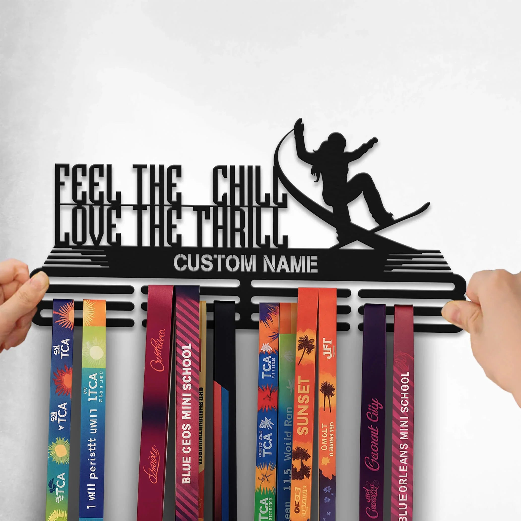 Stainless Steel Snowboarding Medal Hanger – “Feel The Chill, Love The Thrill” | Personalized Snowboard Medal Holder | ChampionHanger - Champion Hanger