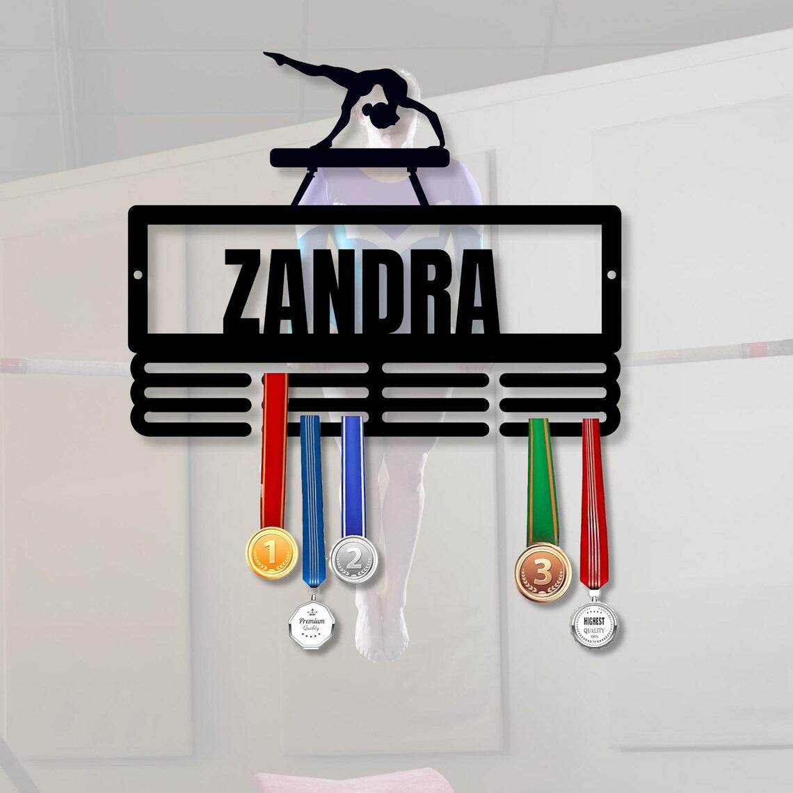 Personalized Gymnastics Medal Holder – Custom Wall Rack for Displaying Gymnast Awards and Medals - Champion Hanger