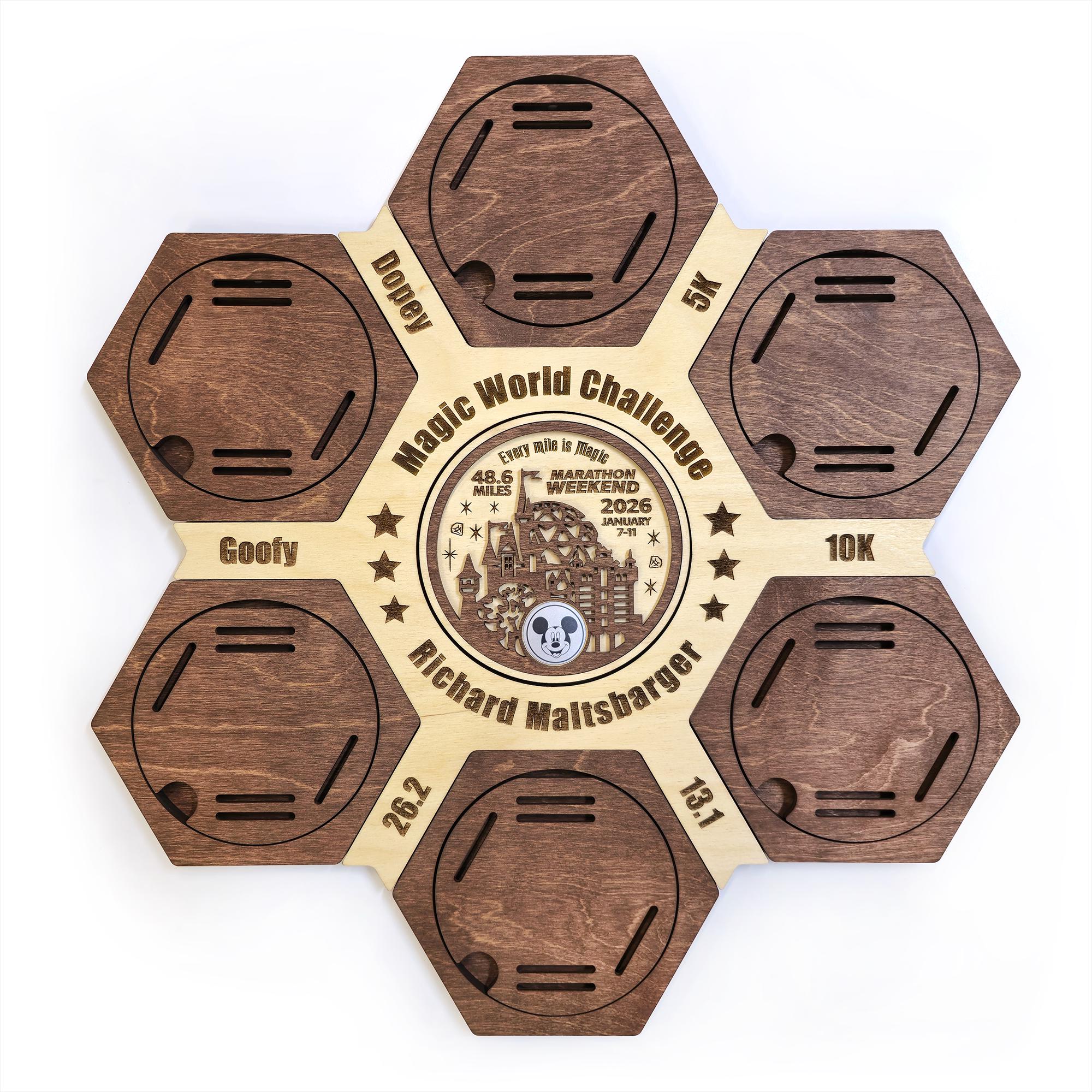 Magic World Marathon Hexagon medal hanger - Running Medal Display