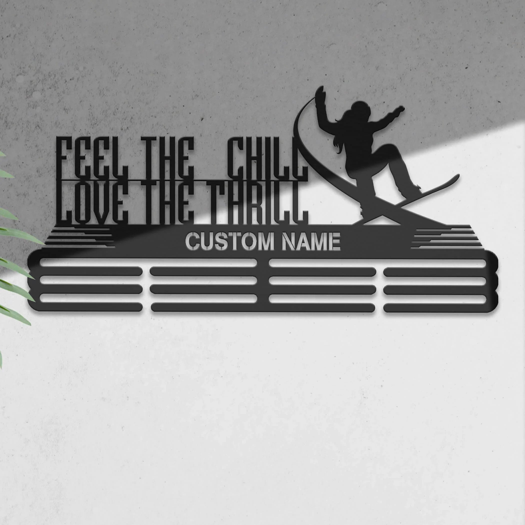 Stainless Steel Snowboarding Medal Hanger – “Feel The Chill, Love The Thrill” | Personalized Snowboard Medal Holder | ChampionHanger - Champion Hanger