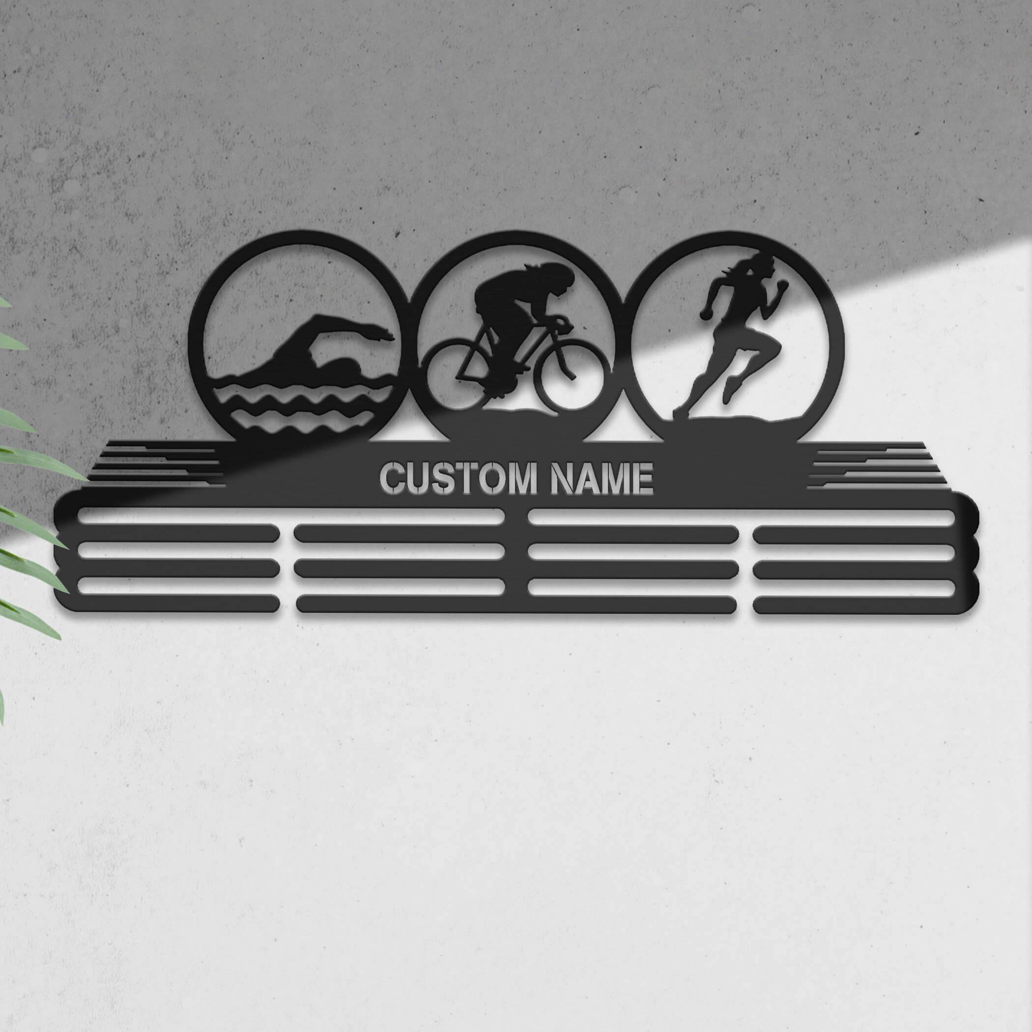 Triathlon Medal Hanger – Personalized Metal Medal Holder – Stainless Steel Wall Display Rack for Triathlon Awards - Champion Hanger