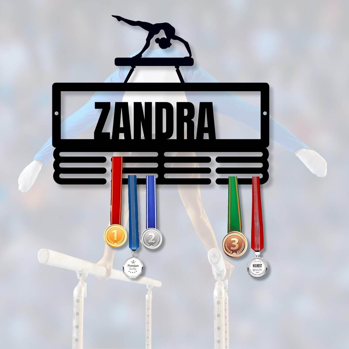 Personalized Gymnastics Medal Holder – Custom Wall Rack for Displaying Gymnast Awards and Medals - Champion Hanger