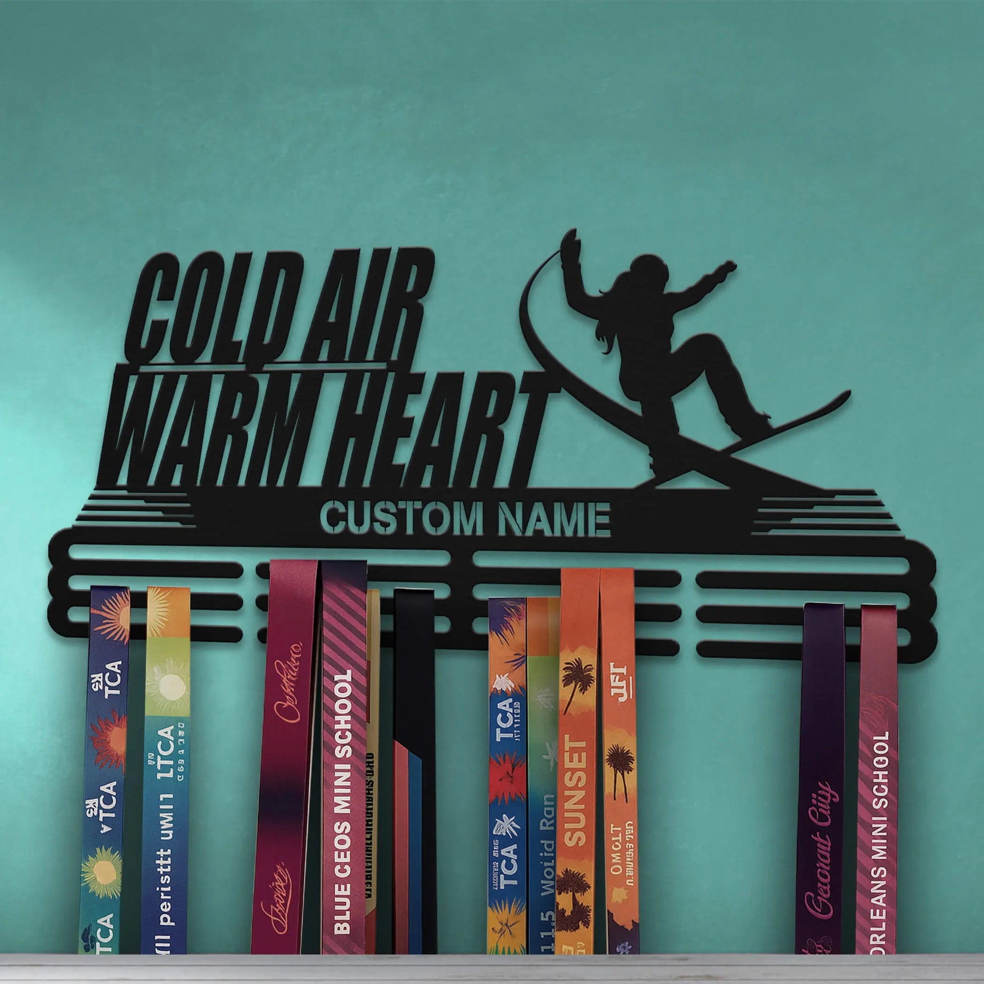 Personalized Snowboard Medal Hanger – Stainless Steel Display Rack with “Cold Air, Warm Heart” Quote | Custom Name Gift for Snowboarders | ChampionHanger - Champion Hanger