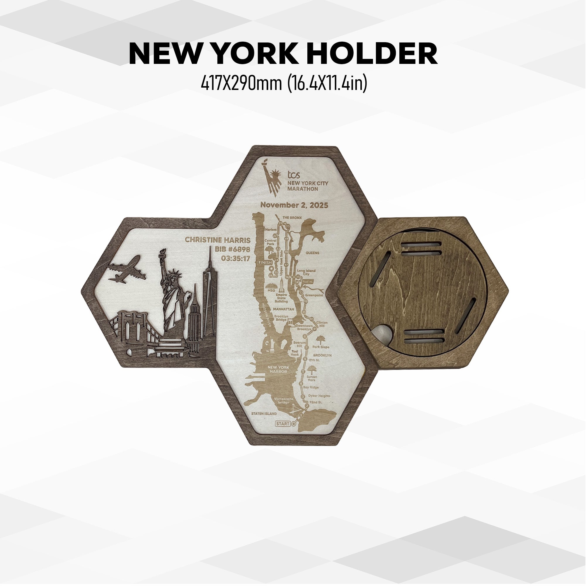 New York Marathon Hexagon Wooden Medal Hanger – Hexagon Running Medal Holder for World Marathon Majors Runners