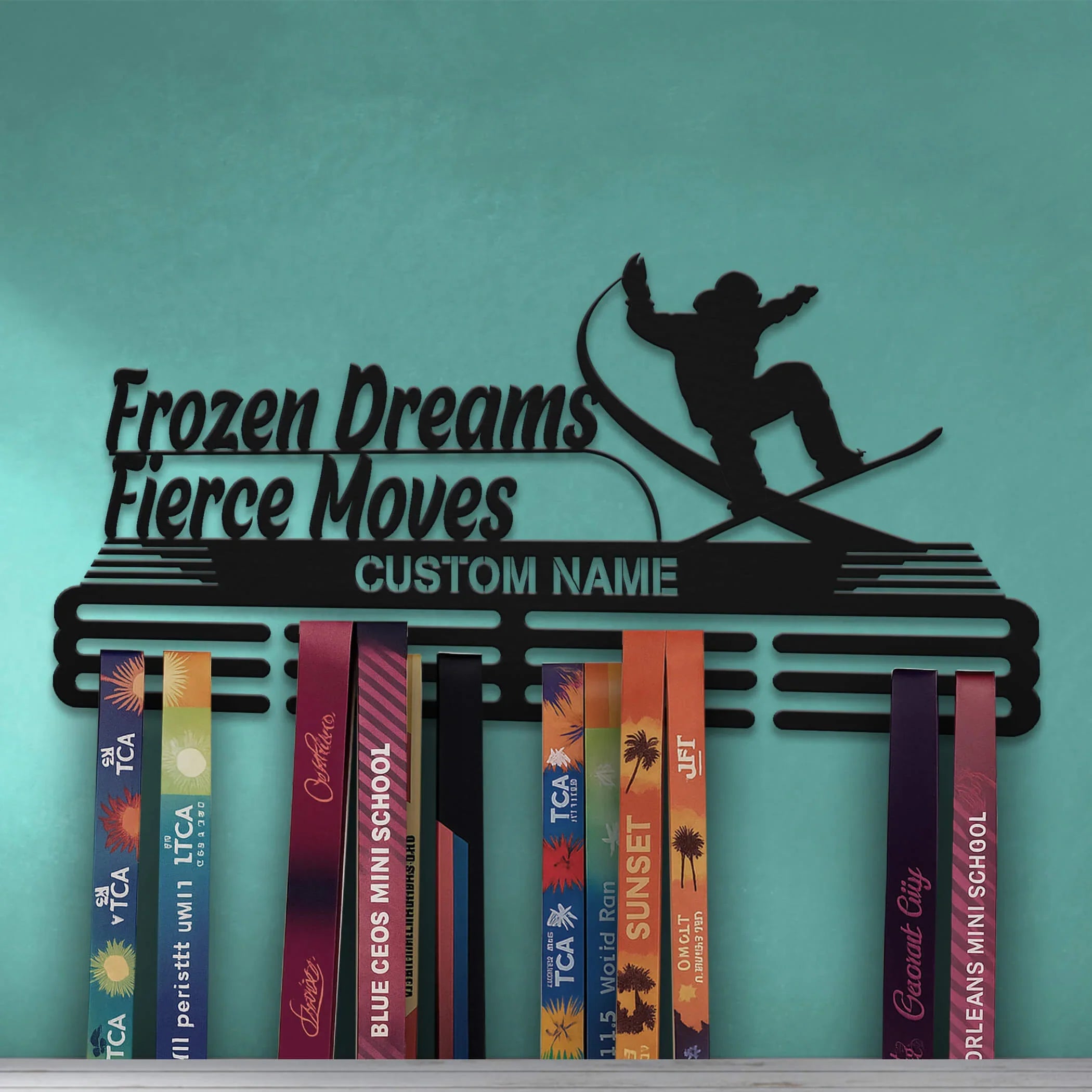 Personalized Snowboard Medal Hanger – Stainless Steel Display with “Frozen Dreams Fierce Moves” Quote | Custom Name Gift | ChampionHanger - Champion Hanger
