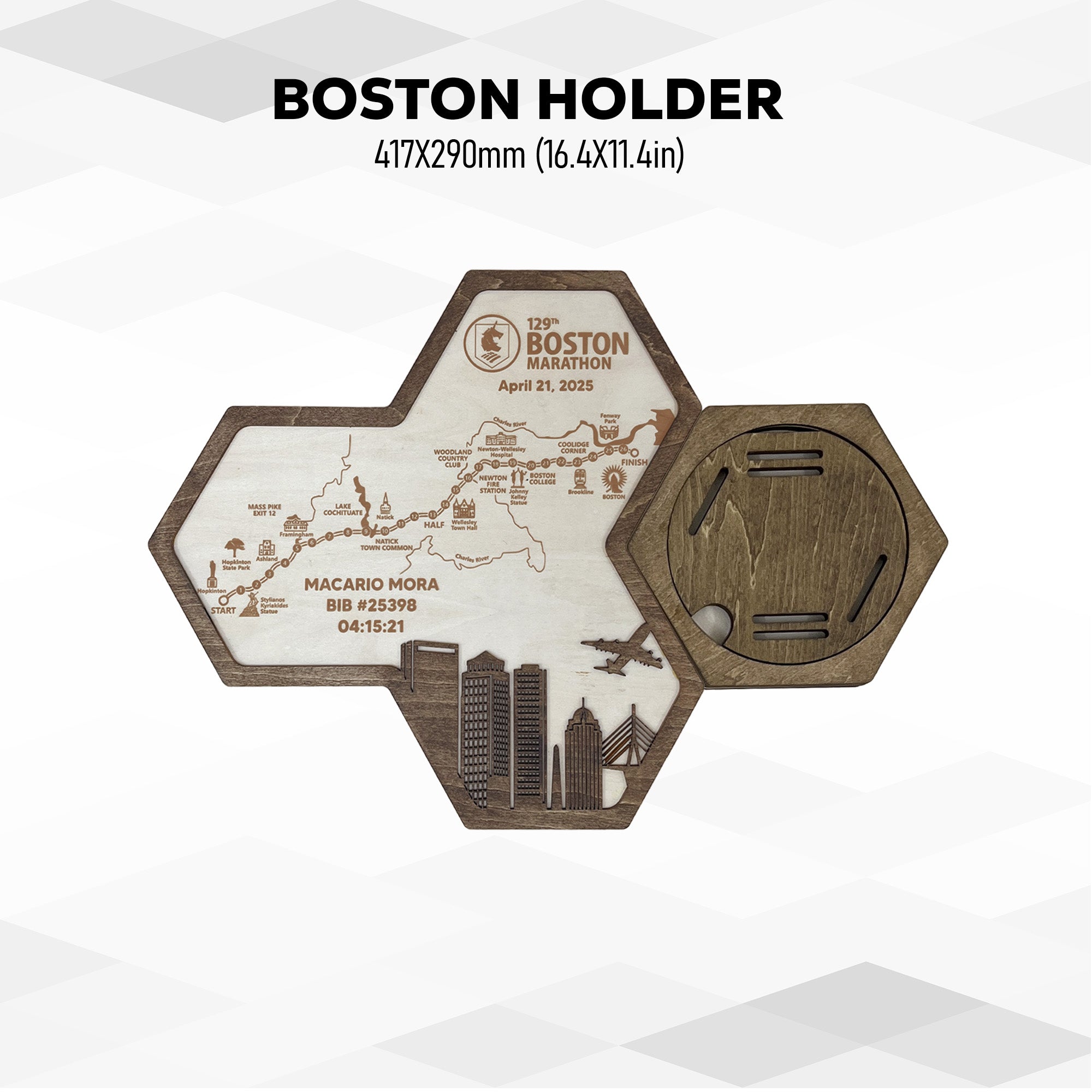 Boston Marathon Hexagon Wooden Medal Hanger – World Marathon Majors Medal Display