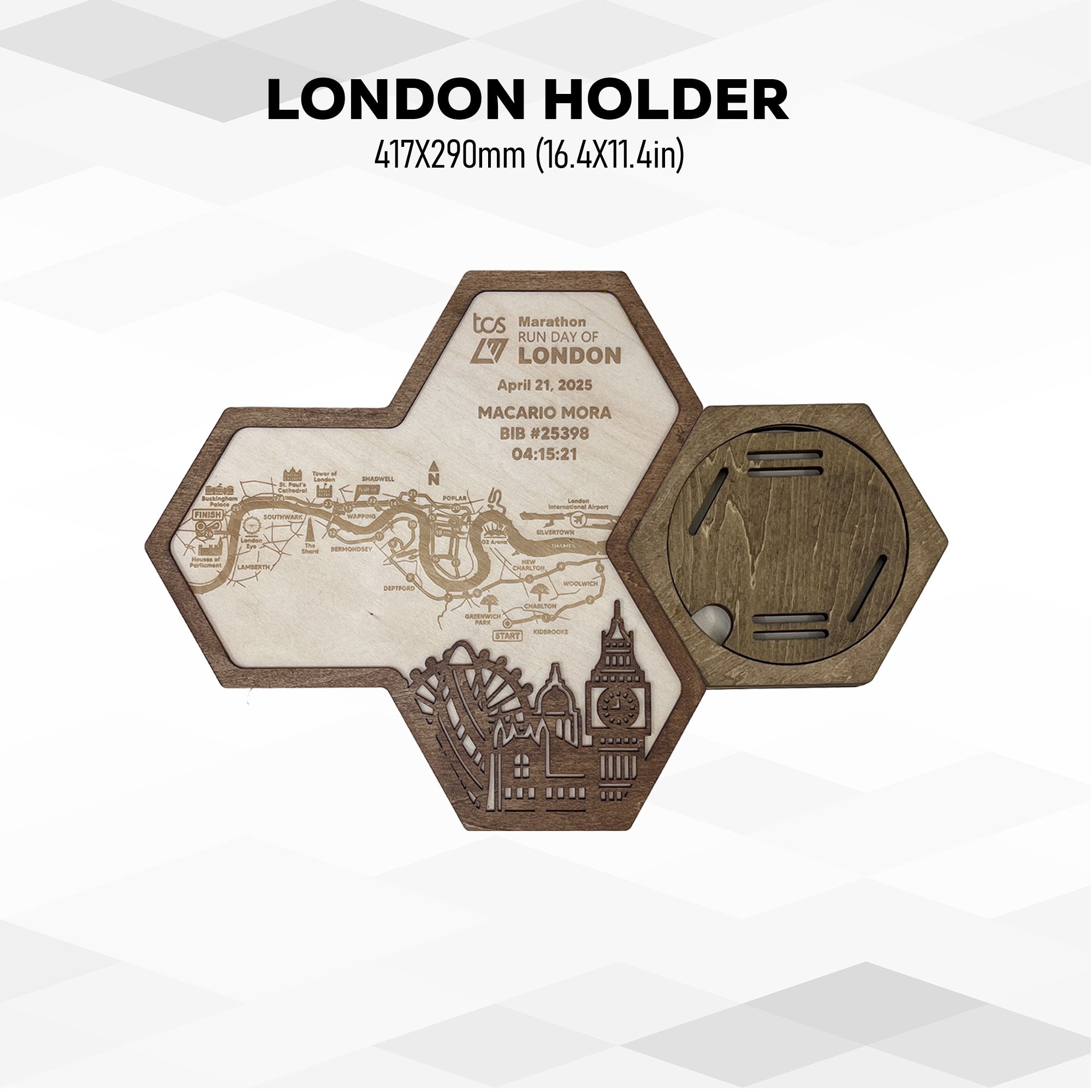 London Marathon Hexagon Wooden Medal Hanger - London World Marathon Majors Medal Display