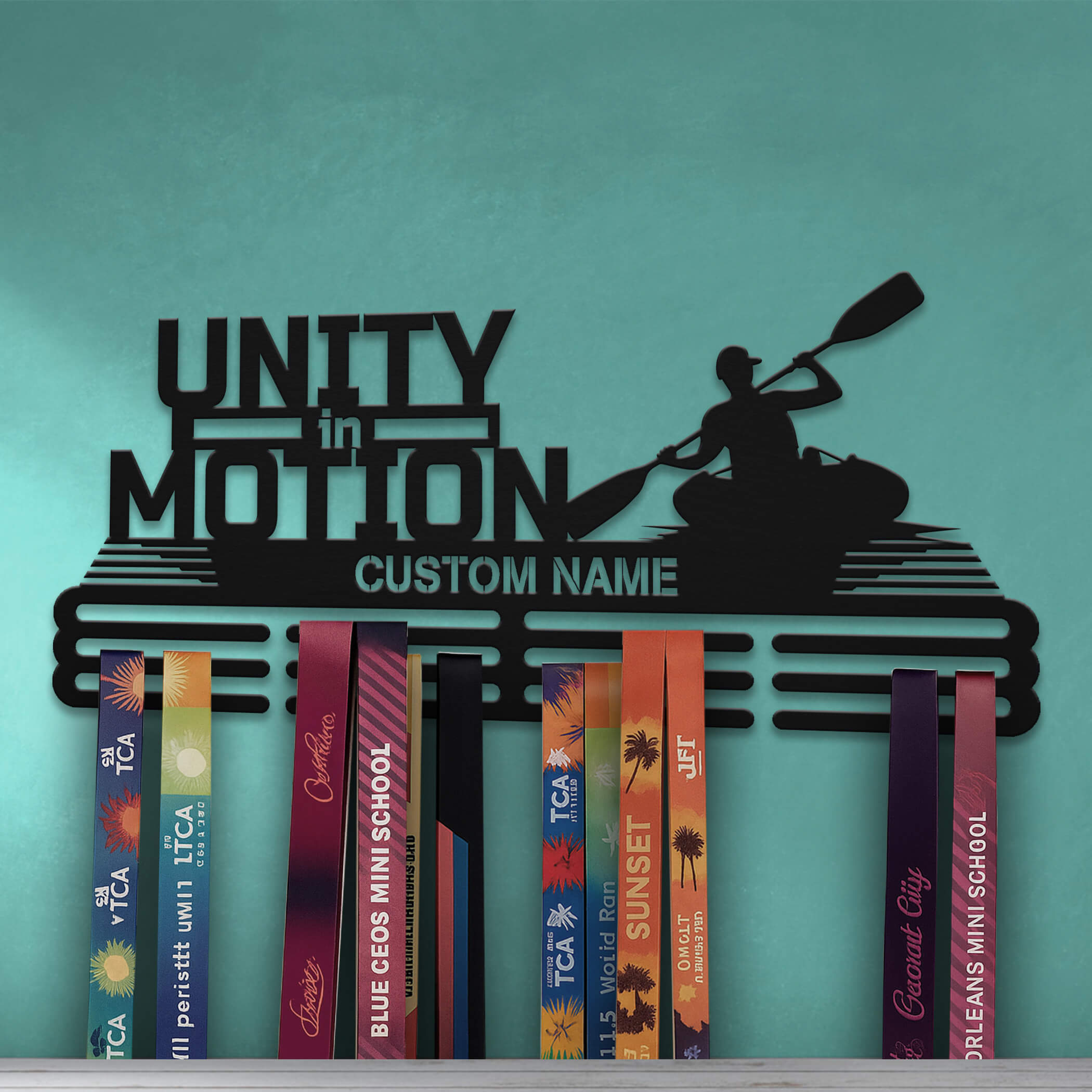 Personalized Kayak Medal Hanger with Quote "Unity in Motion" | Stainless Steel Medal Display | ChampionHanger