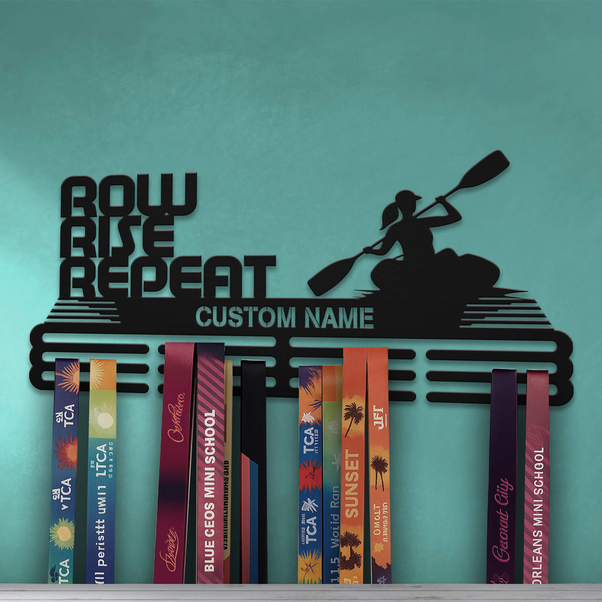 Personalized Kayak Medal Hanger – Stainless Steel Medal Holder with “Row Rise Repeat” Quote | Gifts for Kayakers | ChampionHanger