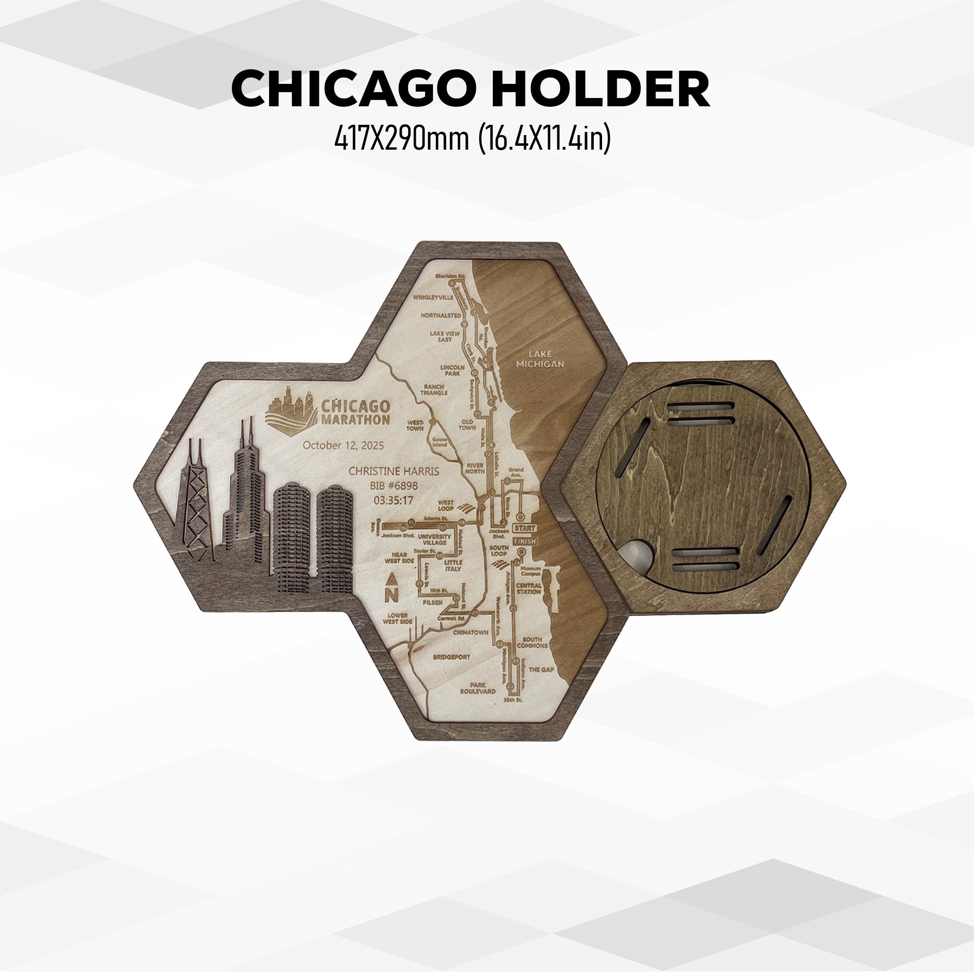 Chicago Marathon Hexagon Wooden Medal Hanger – World Marathon Majors Running Medal Display for Runners