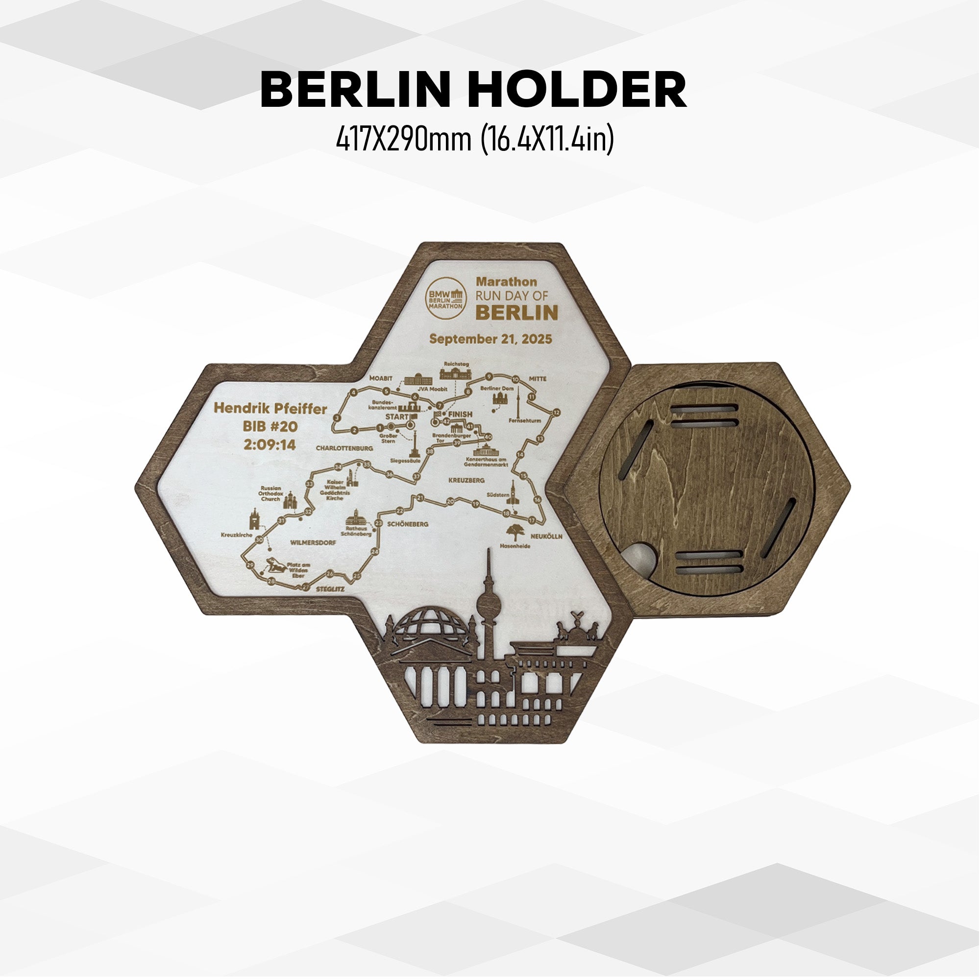 Berlin Marathon Hexagon Wooden Medal Hanger - Berlin World Marathon Majors Medal Display