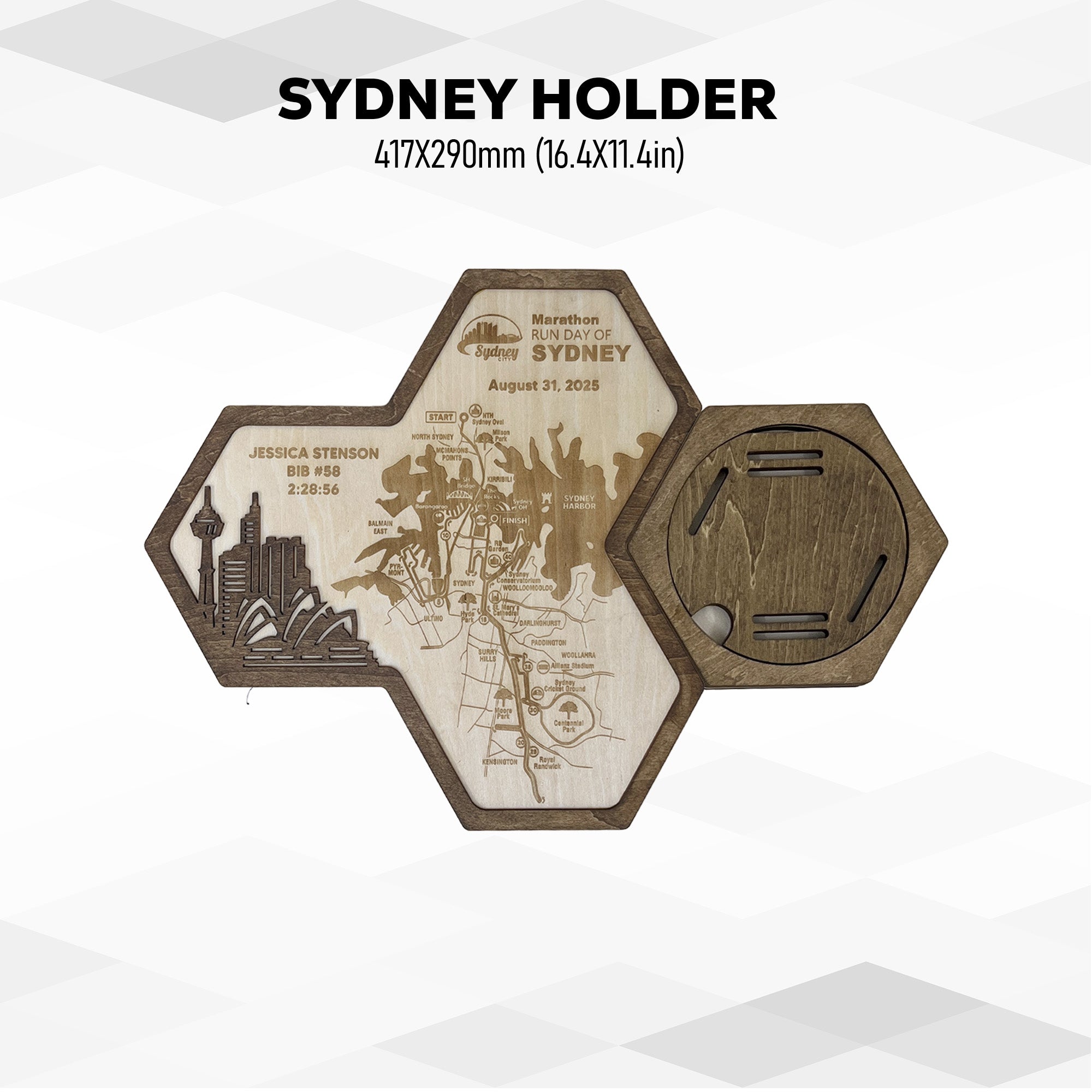 Sydney Marathon Hexagon Wooden Medal Hanger – Sydney World Marathon Majors Medal Display