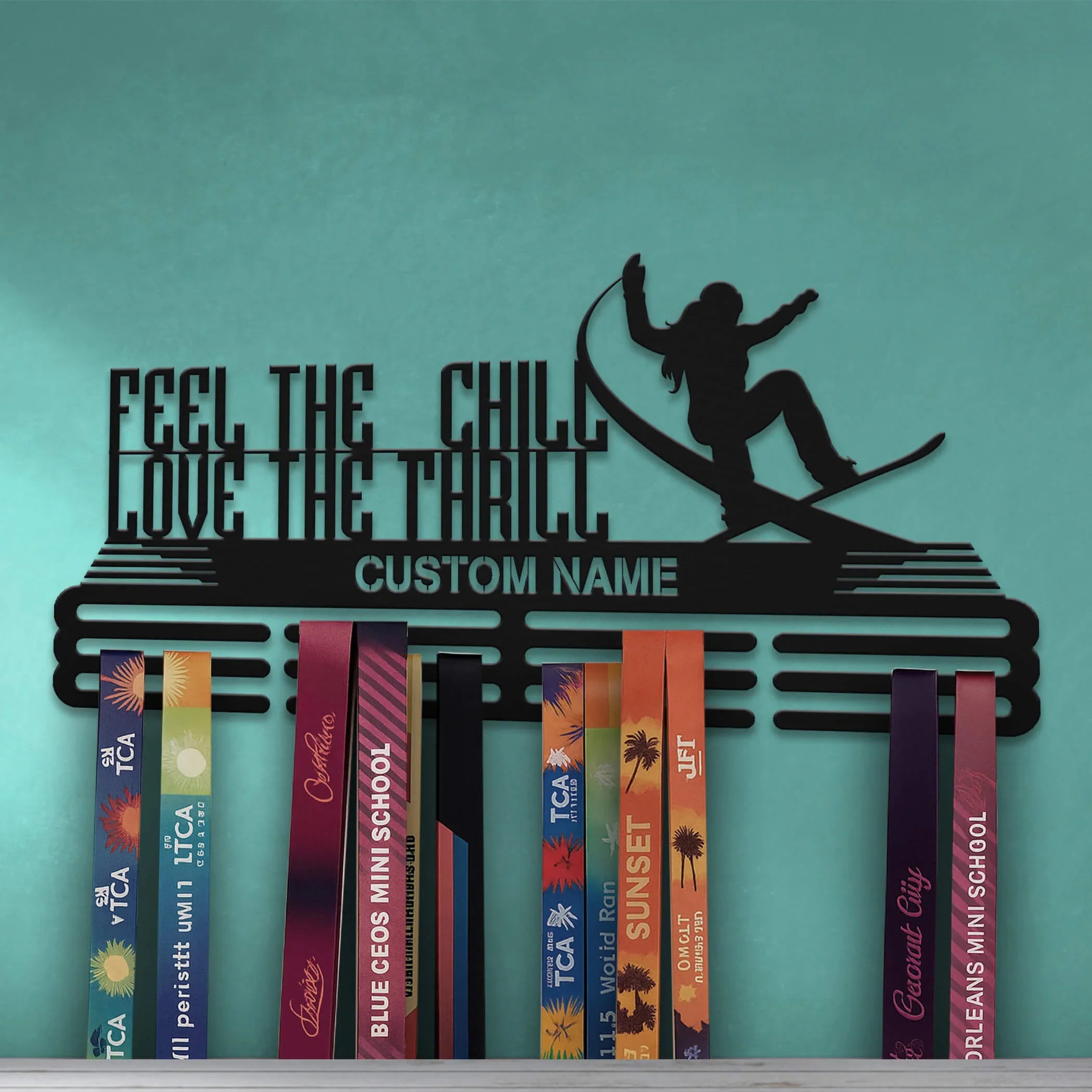 Stainless Steel Snowboarding Medal Hanger – “Feel The Chill, Love The Thrill” | Personalized Snowboard Medal Holder | ChampionHanger - Champion Hanger