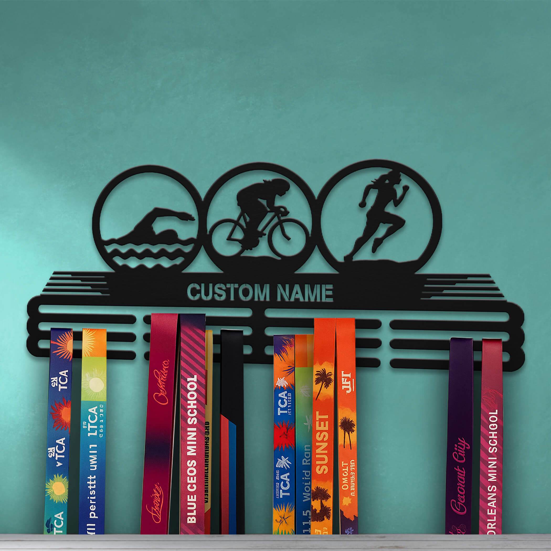 Triathlon Medal Hanger – Personalized Metal Medal Holder – Stainless Steel Wall Display Rack for Triathlon Awards - Champion Hanger